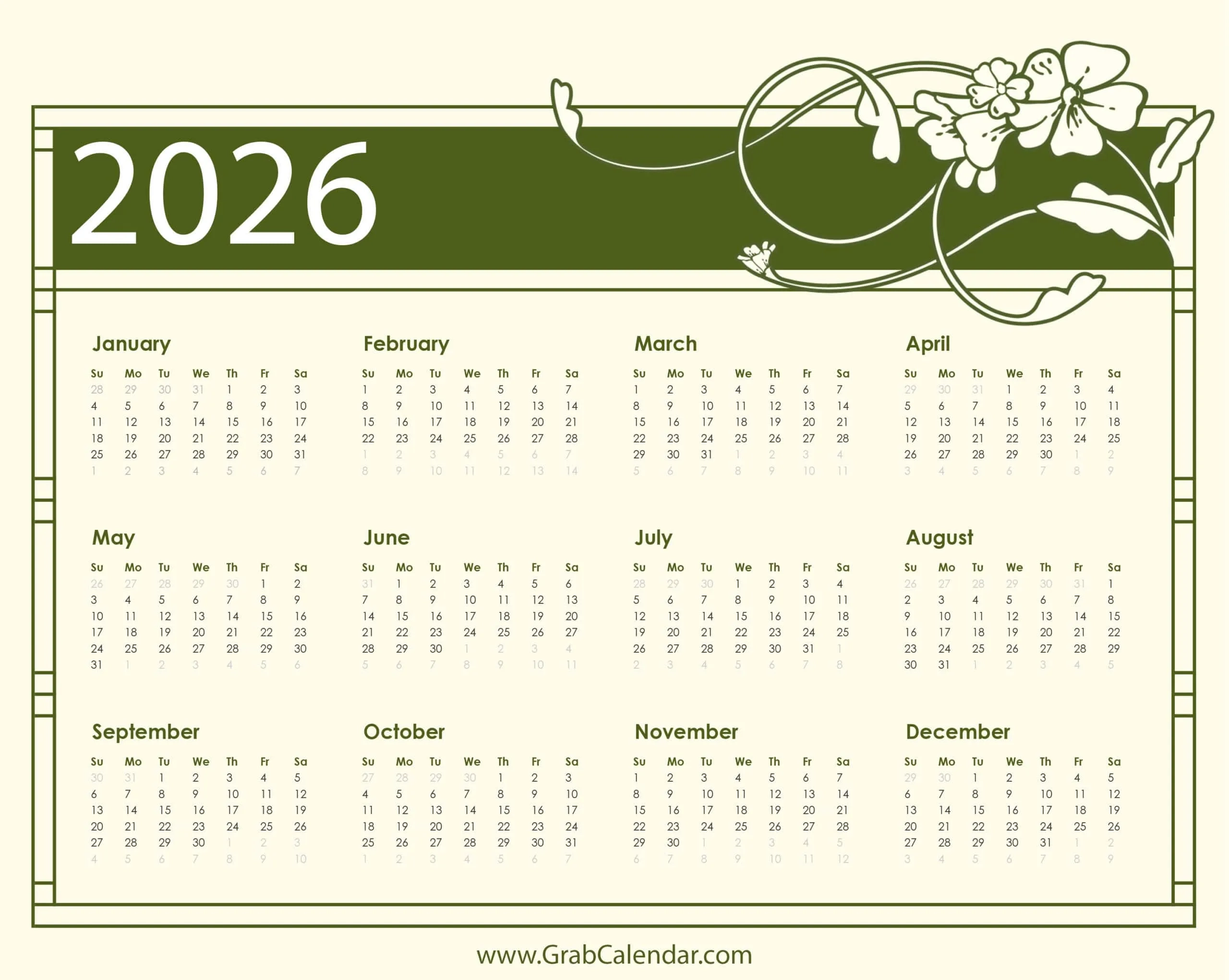 Mini 2026 Calendar Printable Mini 2026 Calendar Printable