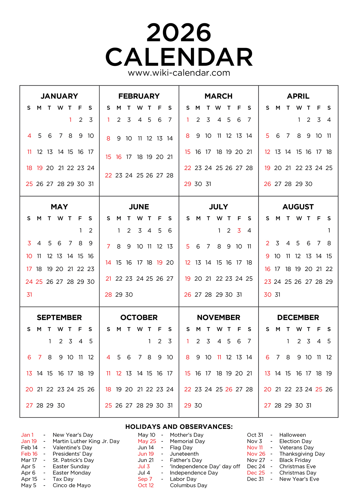 Year 2026 Calendar Printable With Holidays