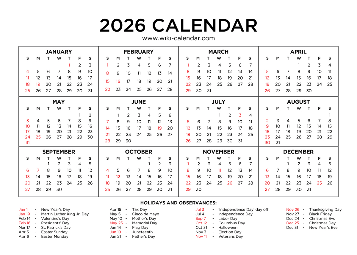 Printable 2026 Calendar With Holidays
