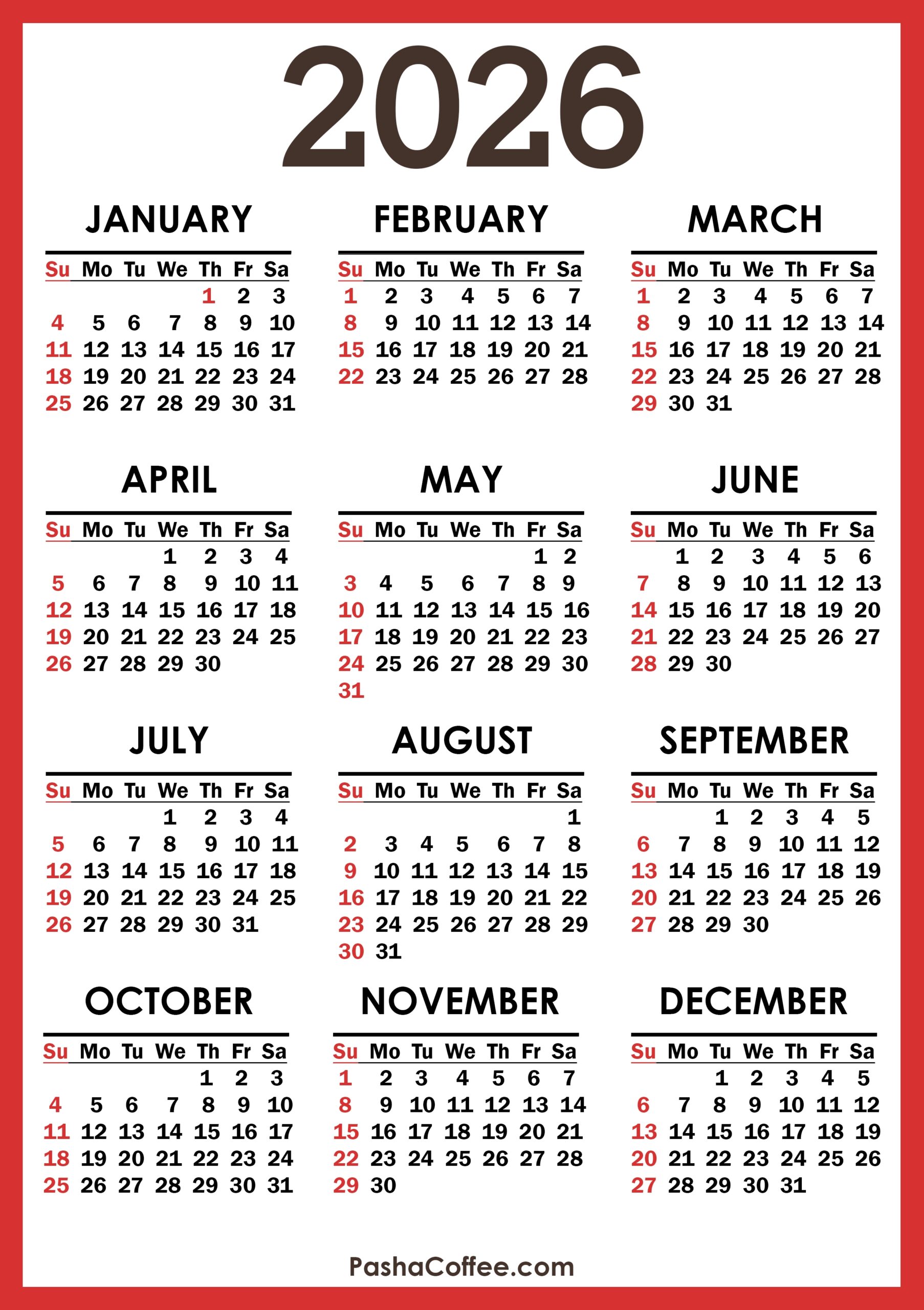 2026 Calendar Printable Free Vertical Sunday Start PashaCoffee