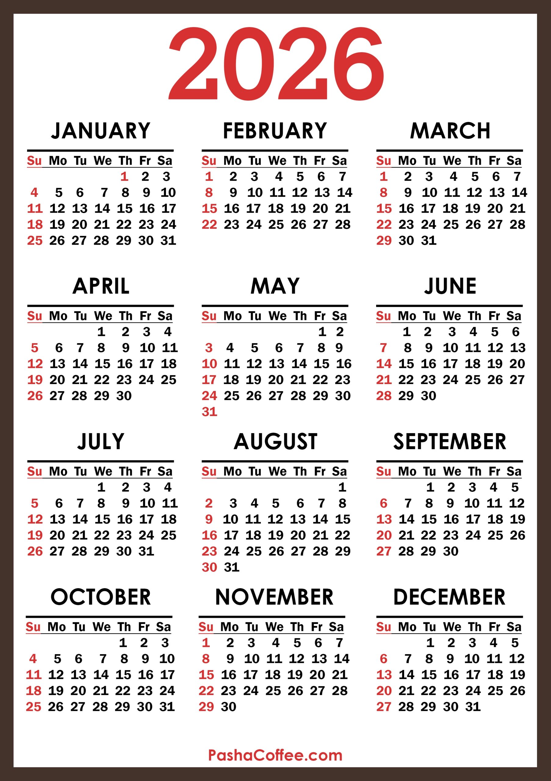 2026 Calendar Printable Free Vertical Sunday Start PashaCoffee