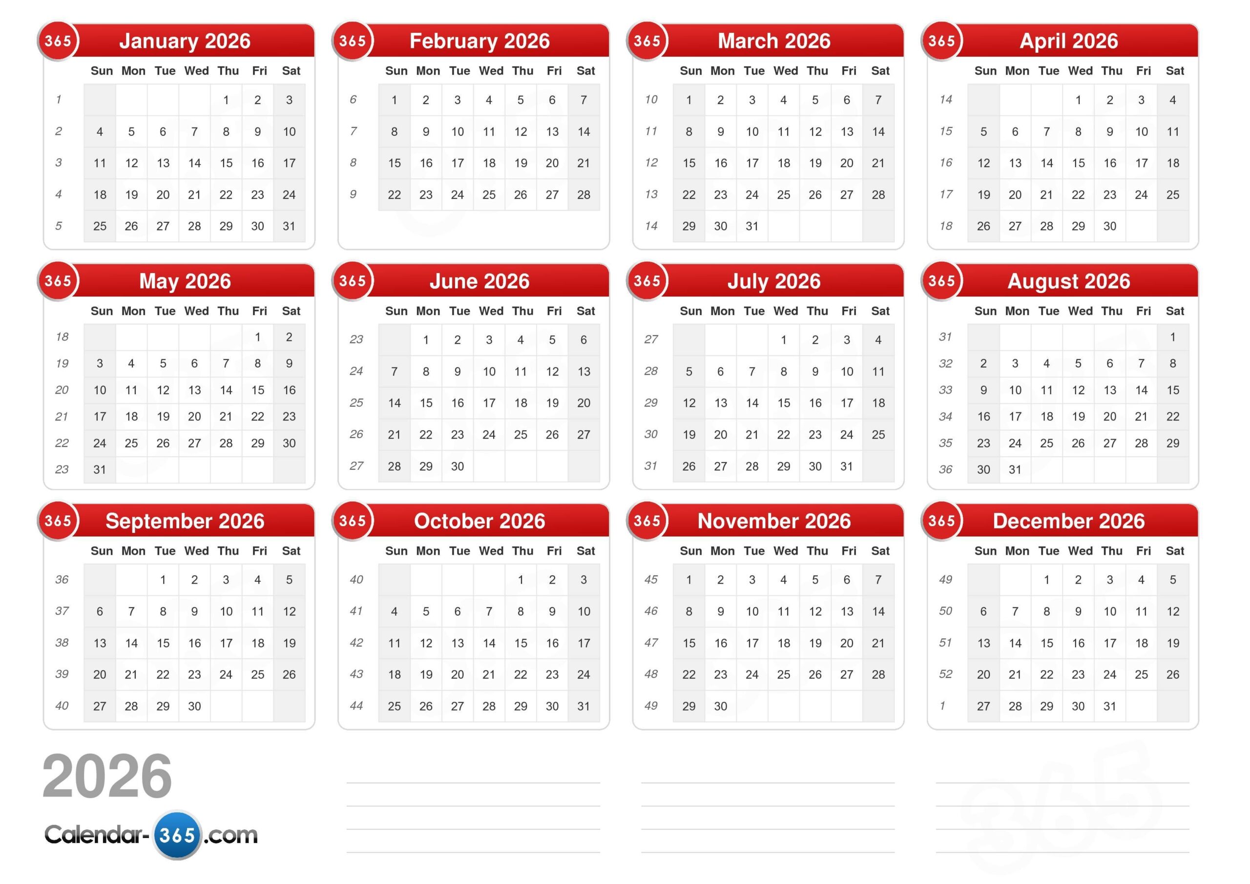 2026 Calendar Weeks Numbered
