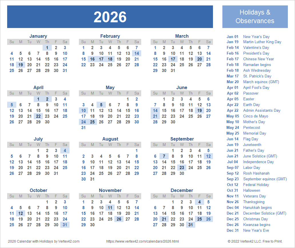 2026 Free Printable Calendar