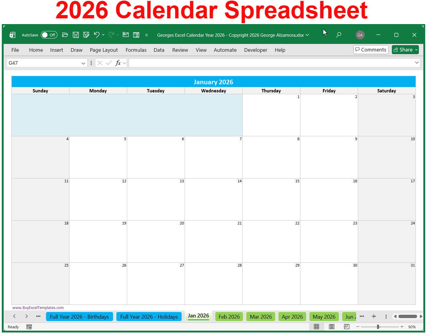 2026 Printable Calendar Excel