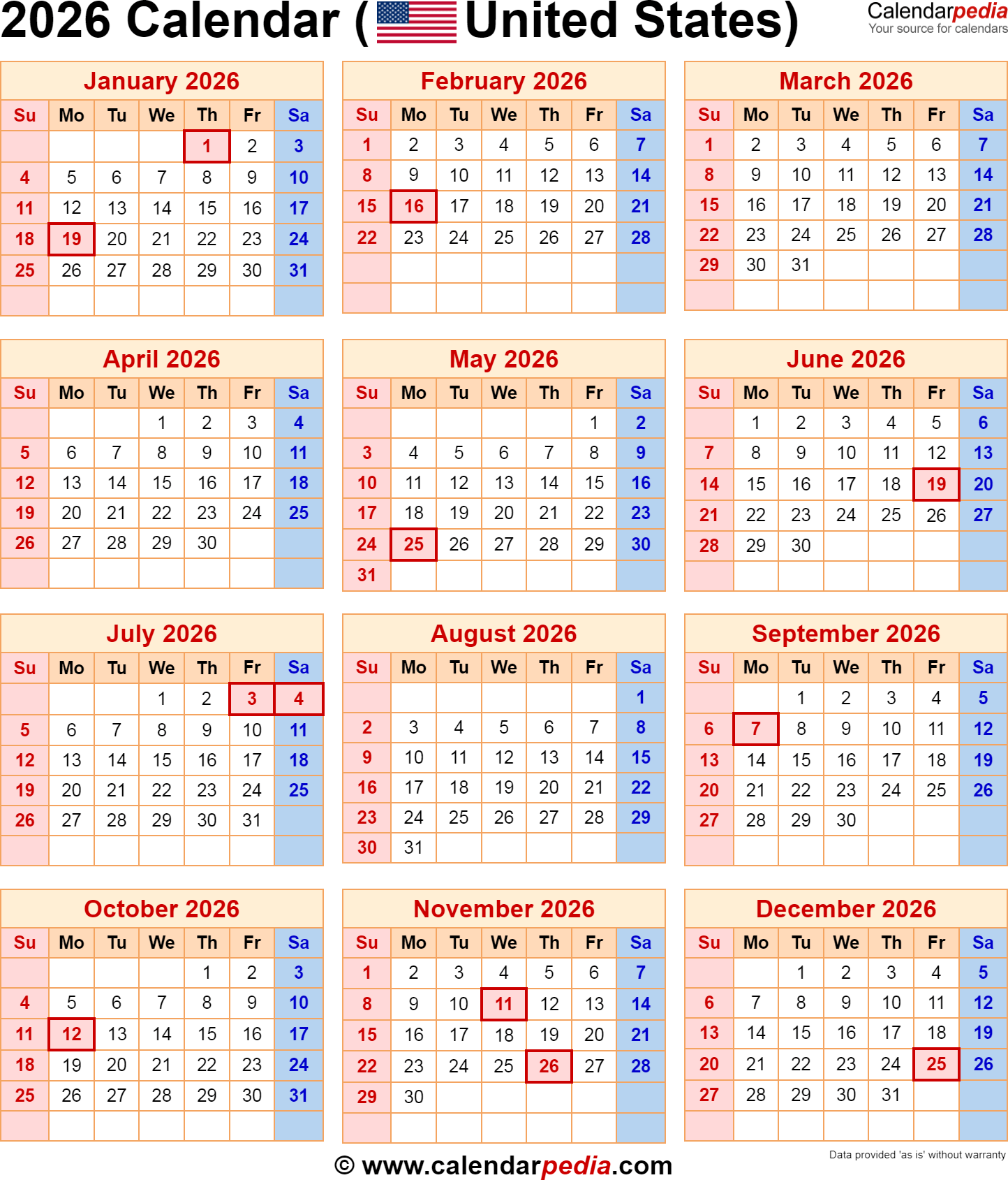 Printable 2026 Calendar With Federal Holidays