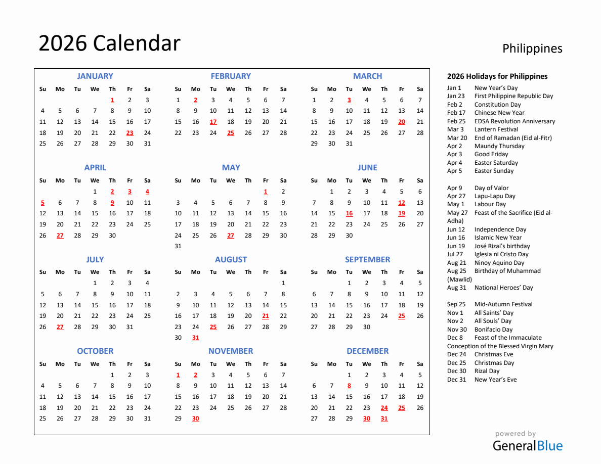2026 Calendar Philippines With Holidays Printable