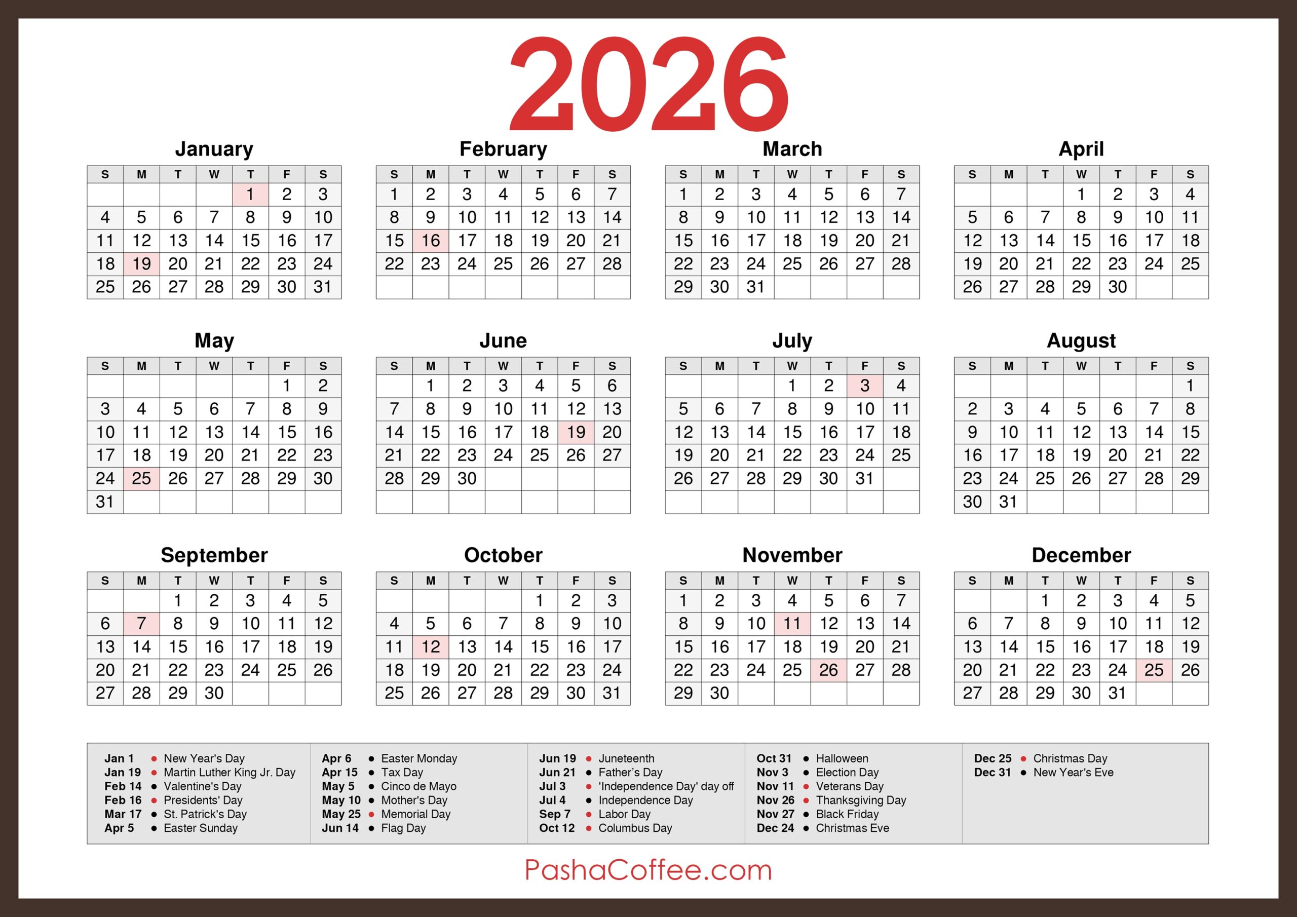 2026 Calendar With Holidays Printable Free Horizontal Brown PashaCoffee