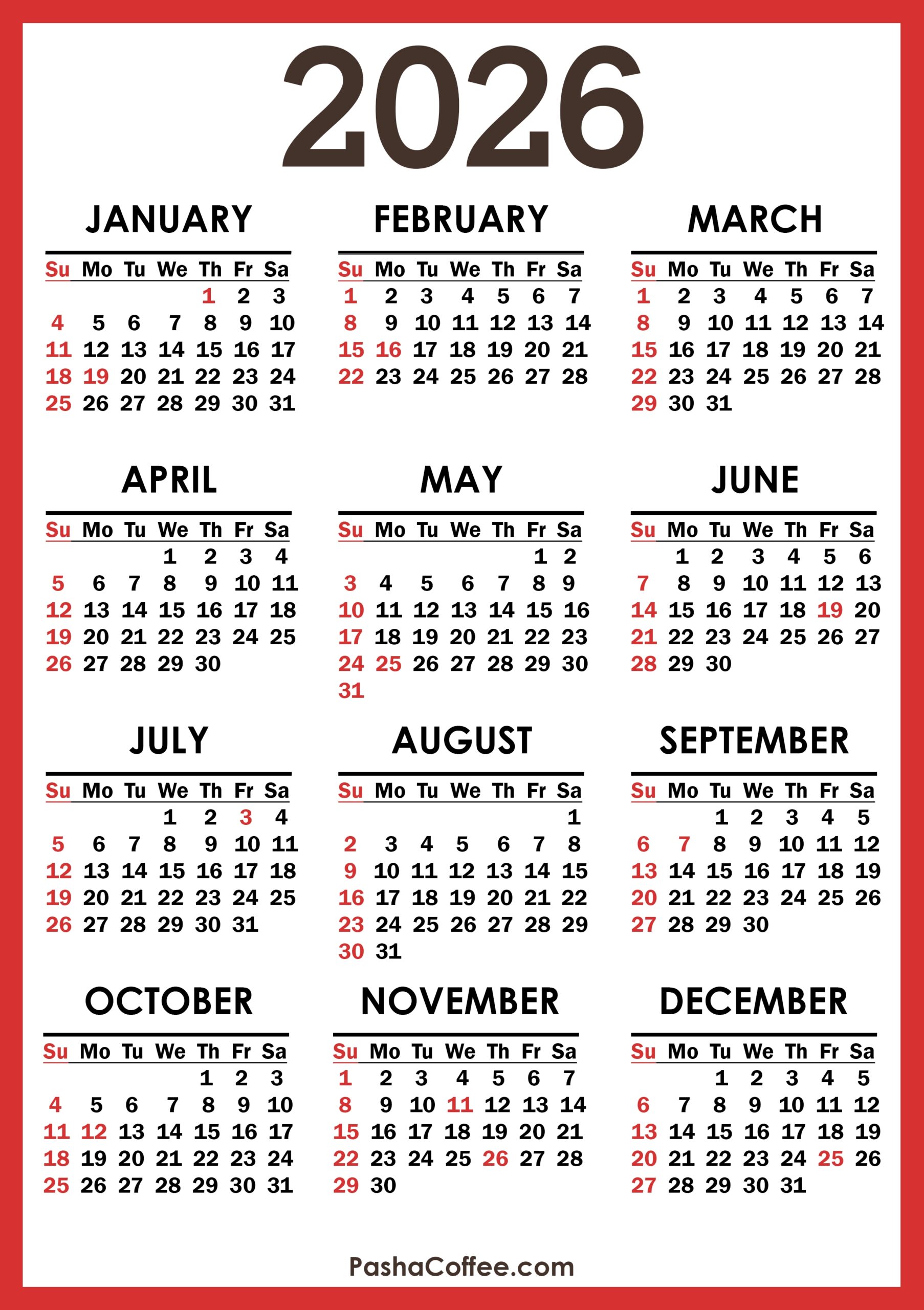 Free Printable 2026 Calendar With Holidays Pdf