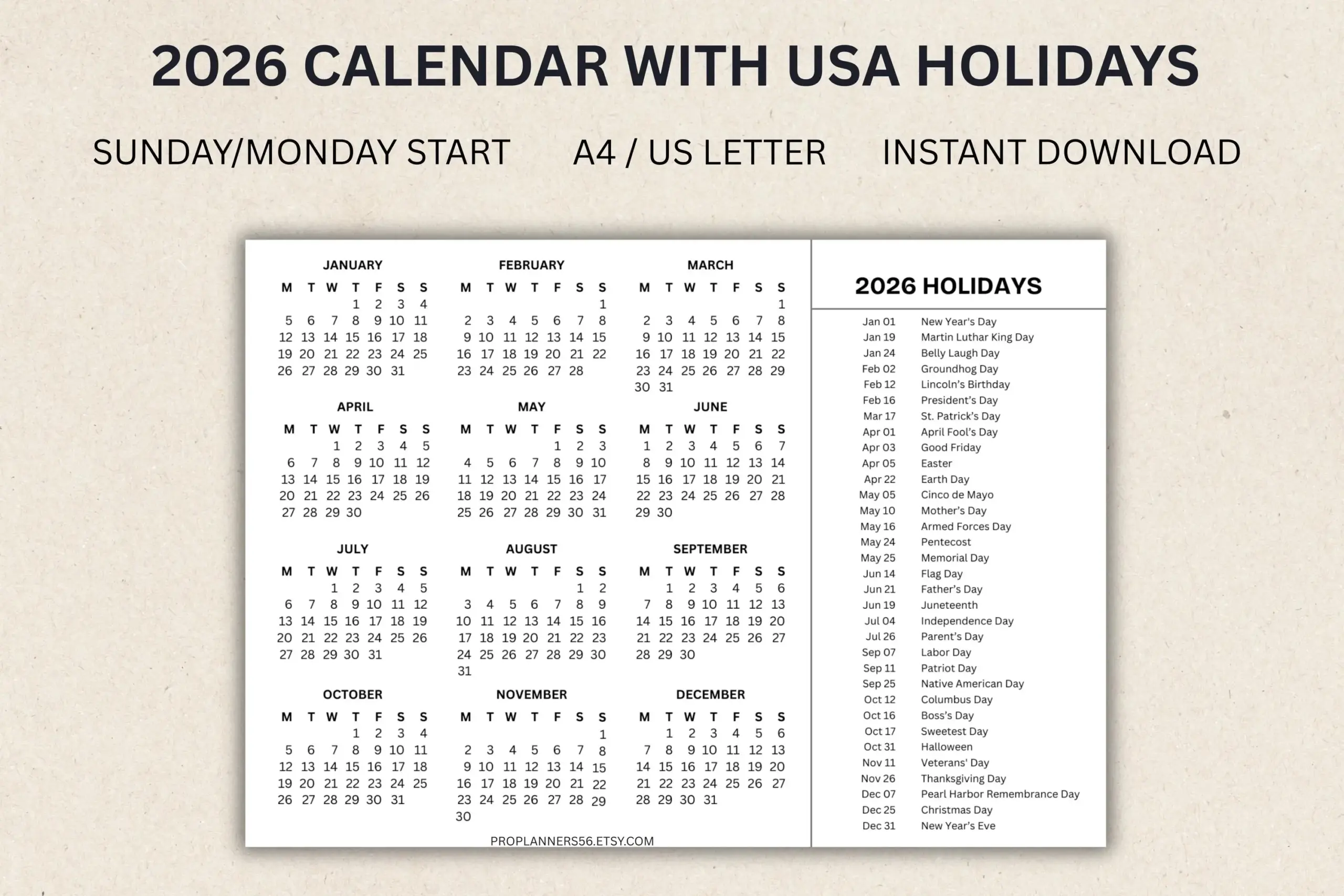2026 Calendar With Holidays USA American Holidays Calendar 2026 Monday And Sunday Start PDF Download Instant Printable Desk Organizer Etsy 2026 Calendar With Holidays USA American Holidays Calendar 2026 Monday And Sunday Start PDF Download Instant Printable Desk Organizer Etsy