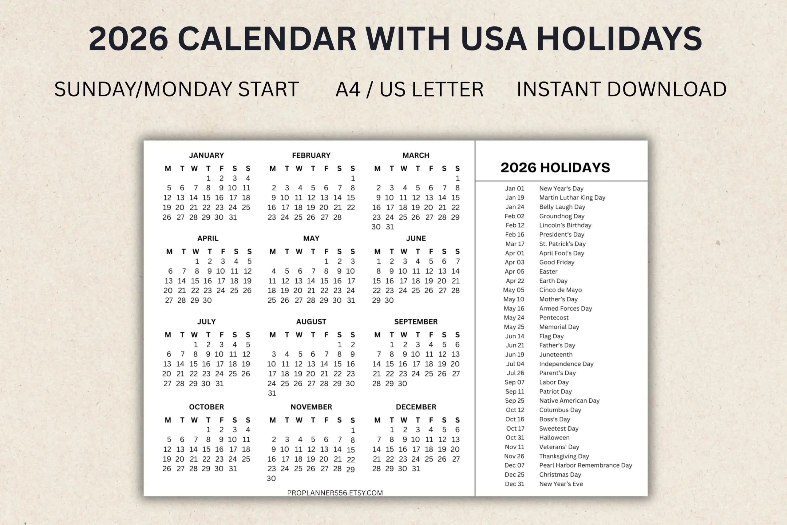 2026 Calendar With Holidays USA American Holidays Calendar 2026 Monday And Sunday Start PDF Download Instant Printable Desk Organizer Etsy