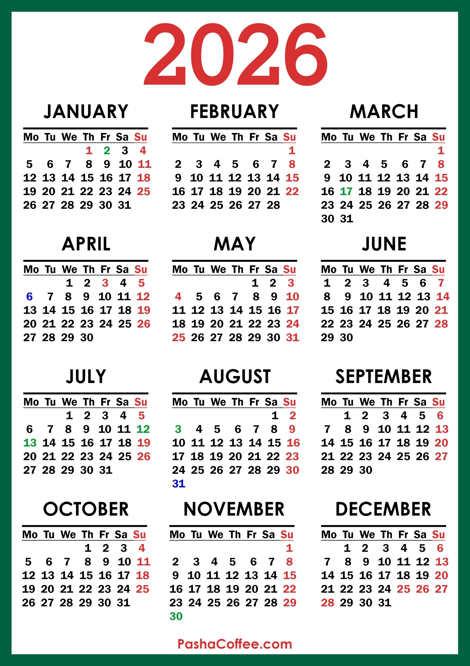 2026 Calendar With UK Holidays Printable Free Vertical PashaCoffee