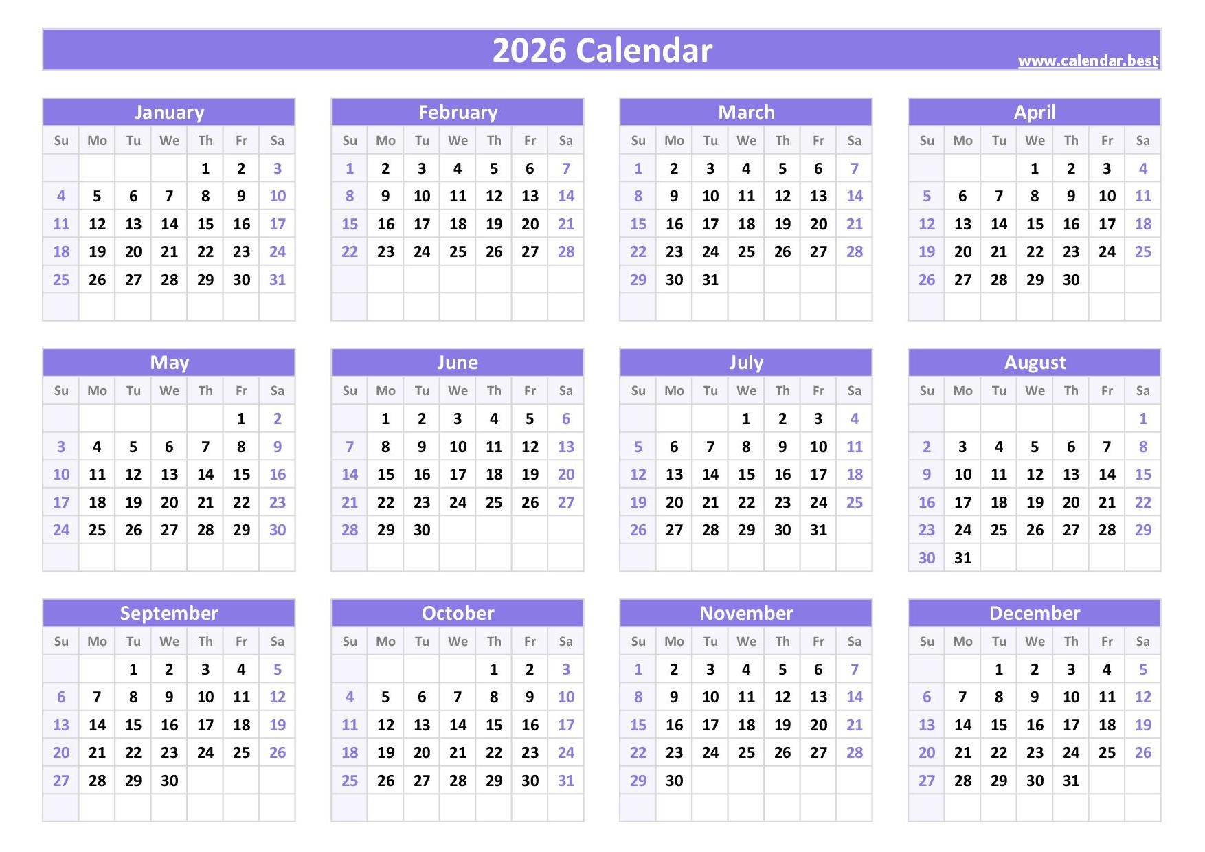 Free Printable Landscape Calendar 2026