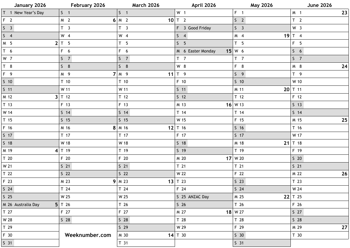 Calendar 2026 Printable Australia