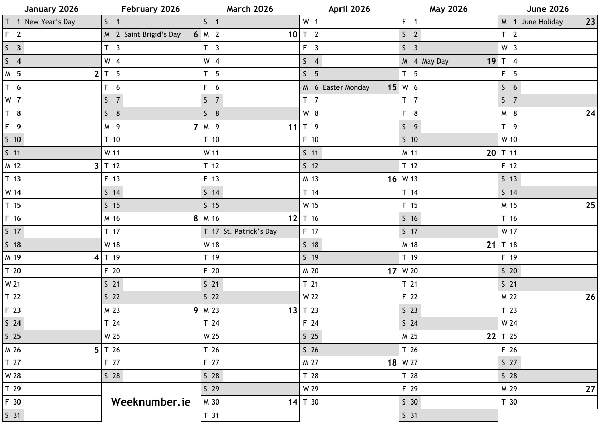 2026 Calendar With Week Numbers And Holidays For Ireland Official Public Holidays Bank Holidays National Holidays Free Online Calendar To Print Download PDF