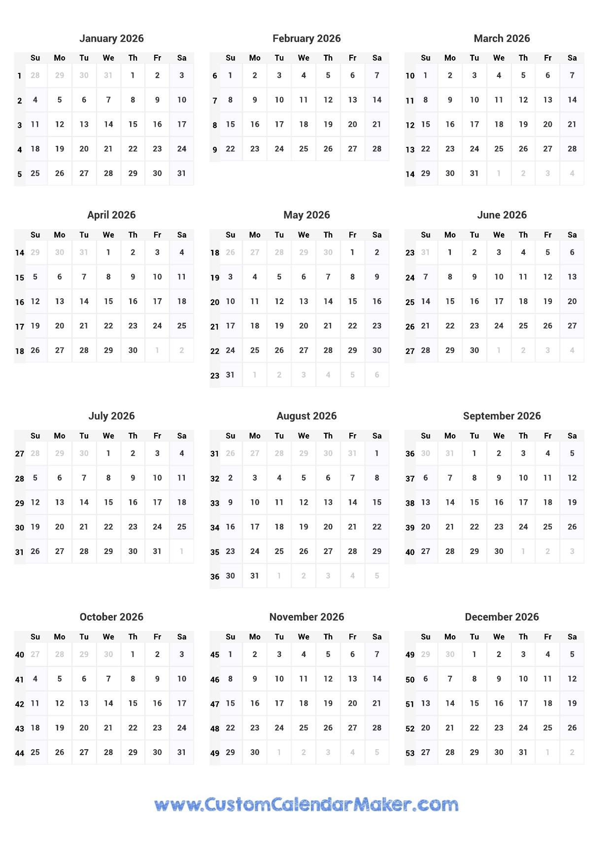 Printable 2026 Calendar With Week Numbers