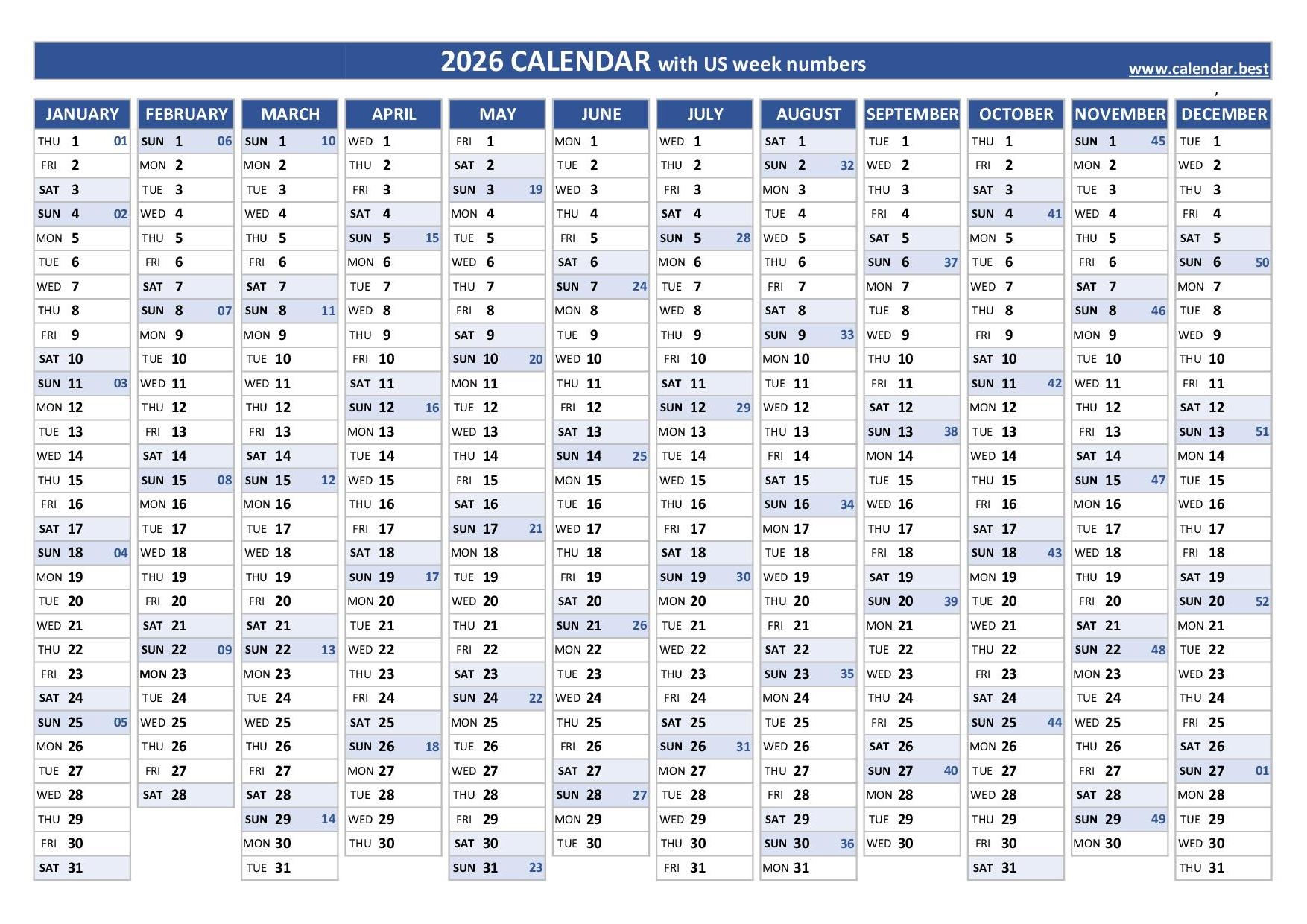 Printable Calendar 2026 Free Week Counter