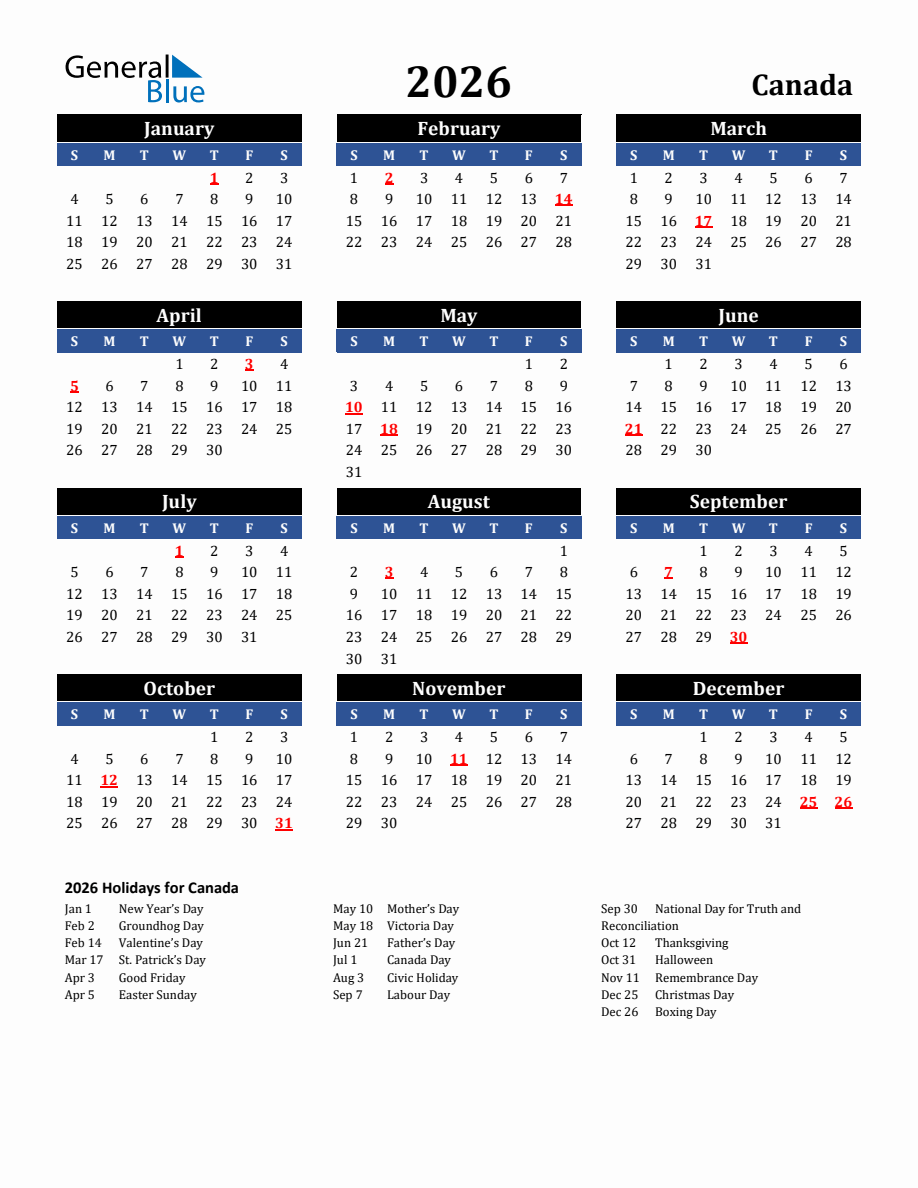 2026 Calendar With Holidays Canada Printable