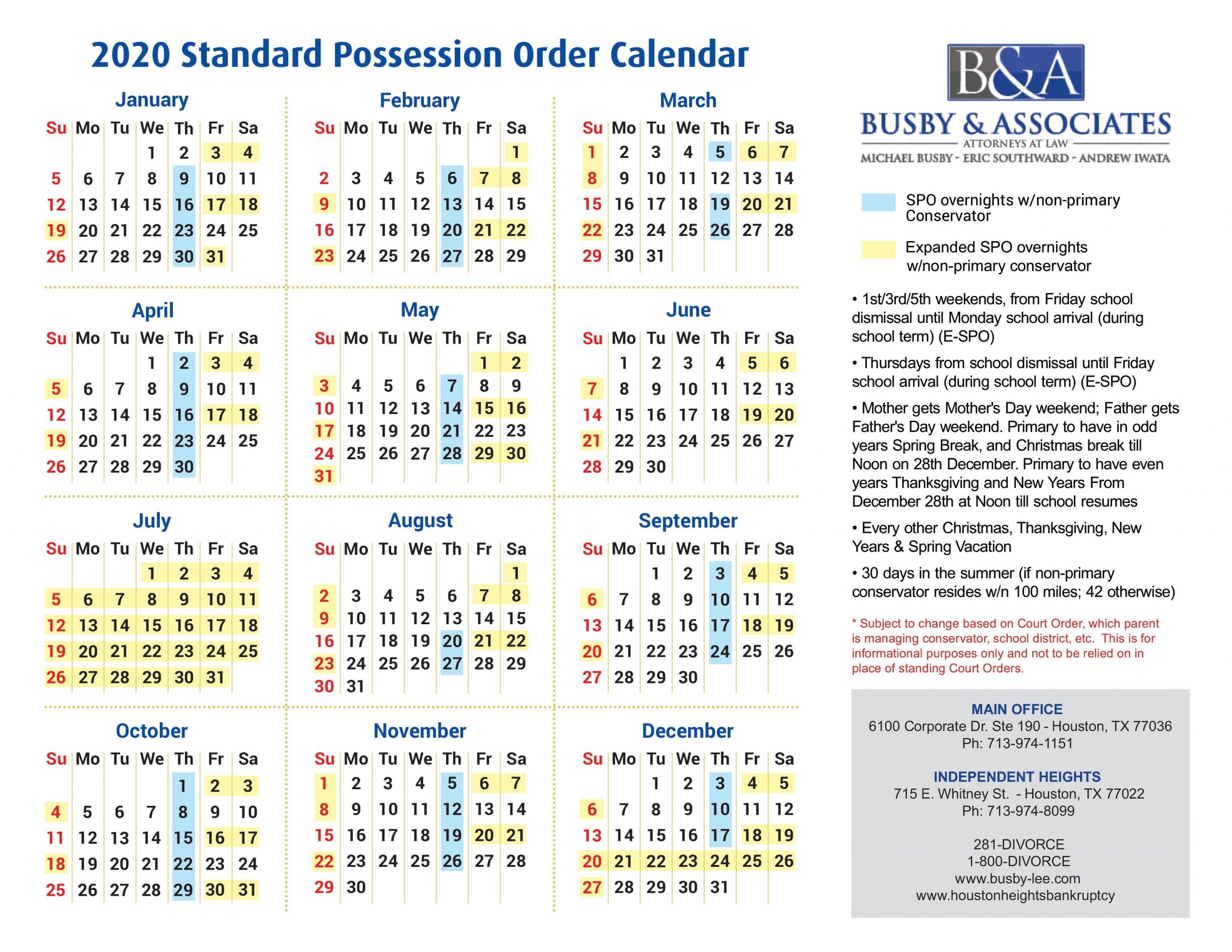 2026 Child Custody Calendar Texas Printable