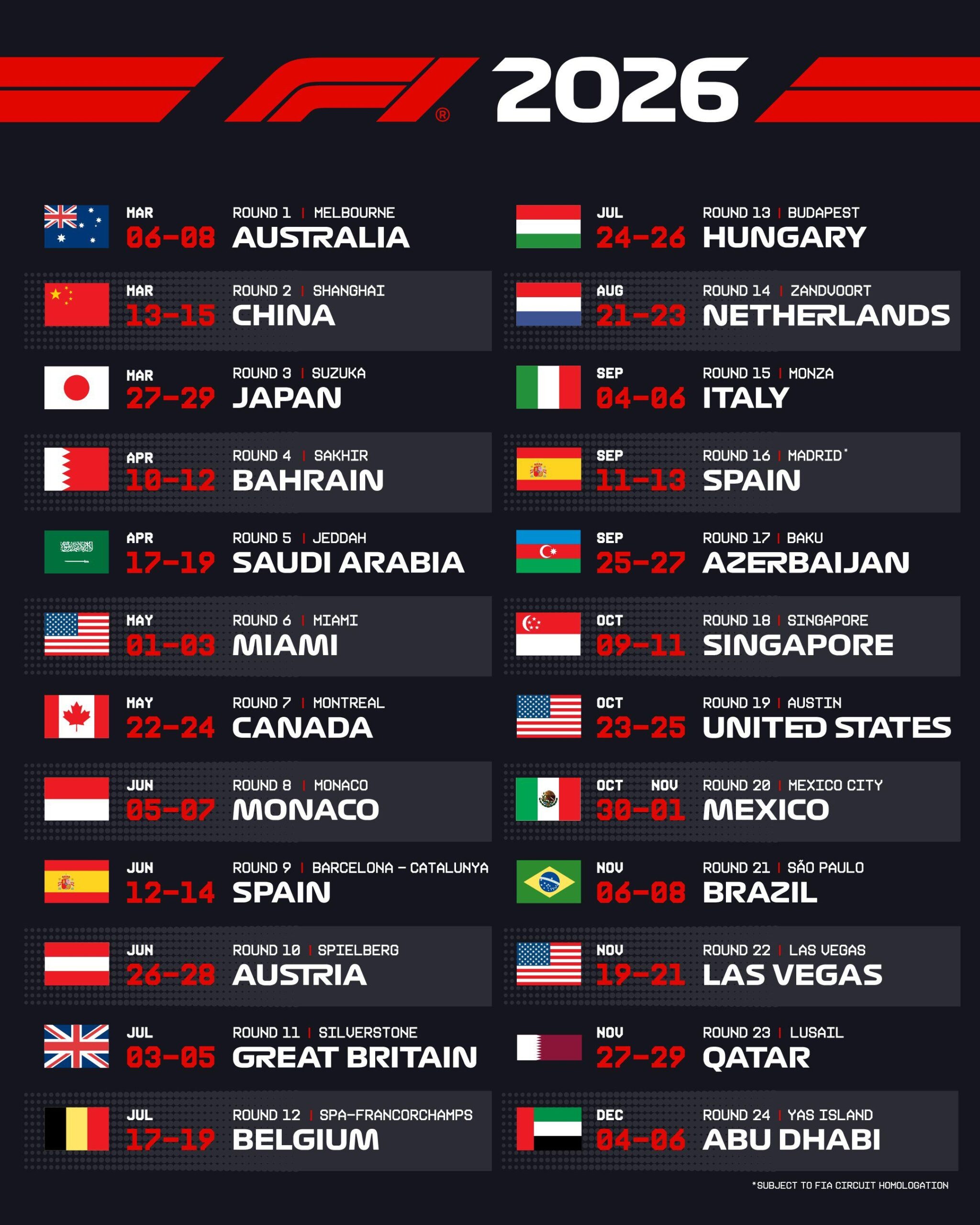F1 2026 Calendar Printable