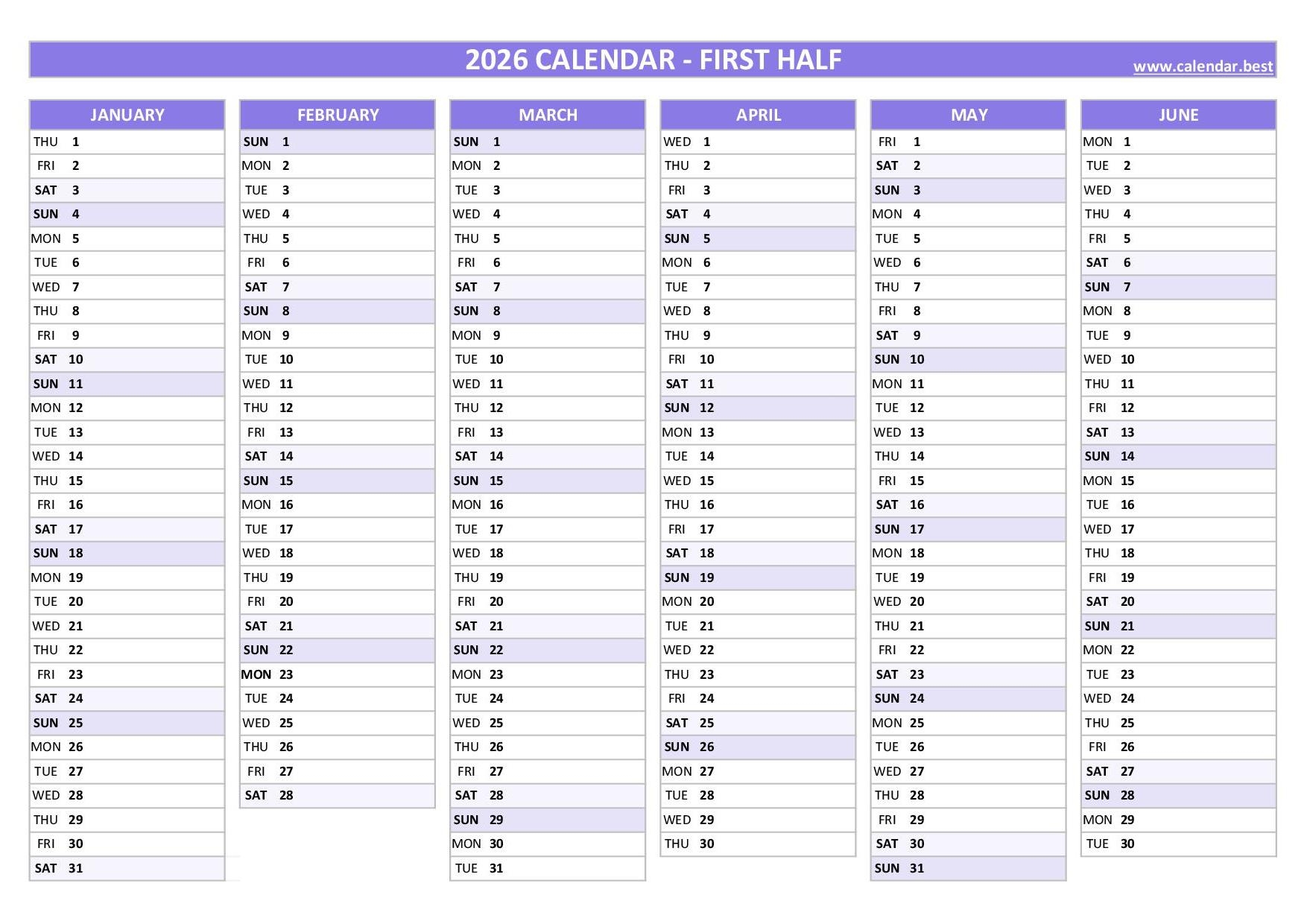 2026 Half Year Calendar To Print