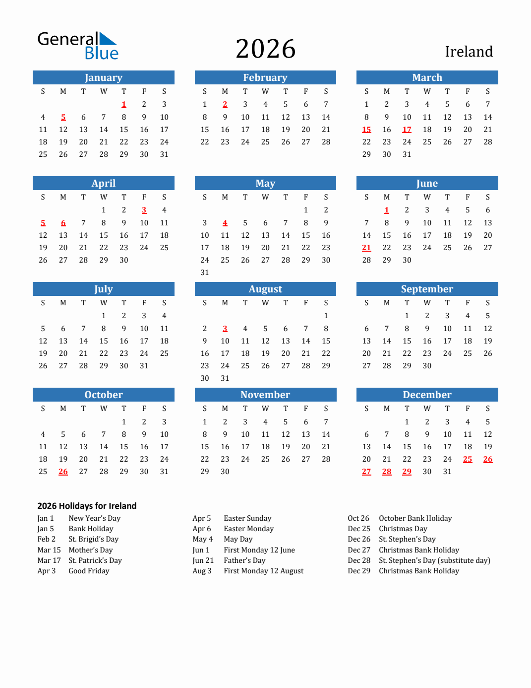 2026 Ireland Calendar With Holidays Monday Start 