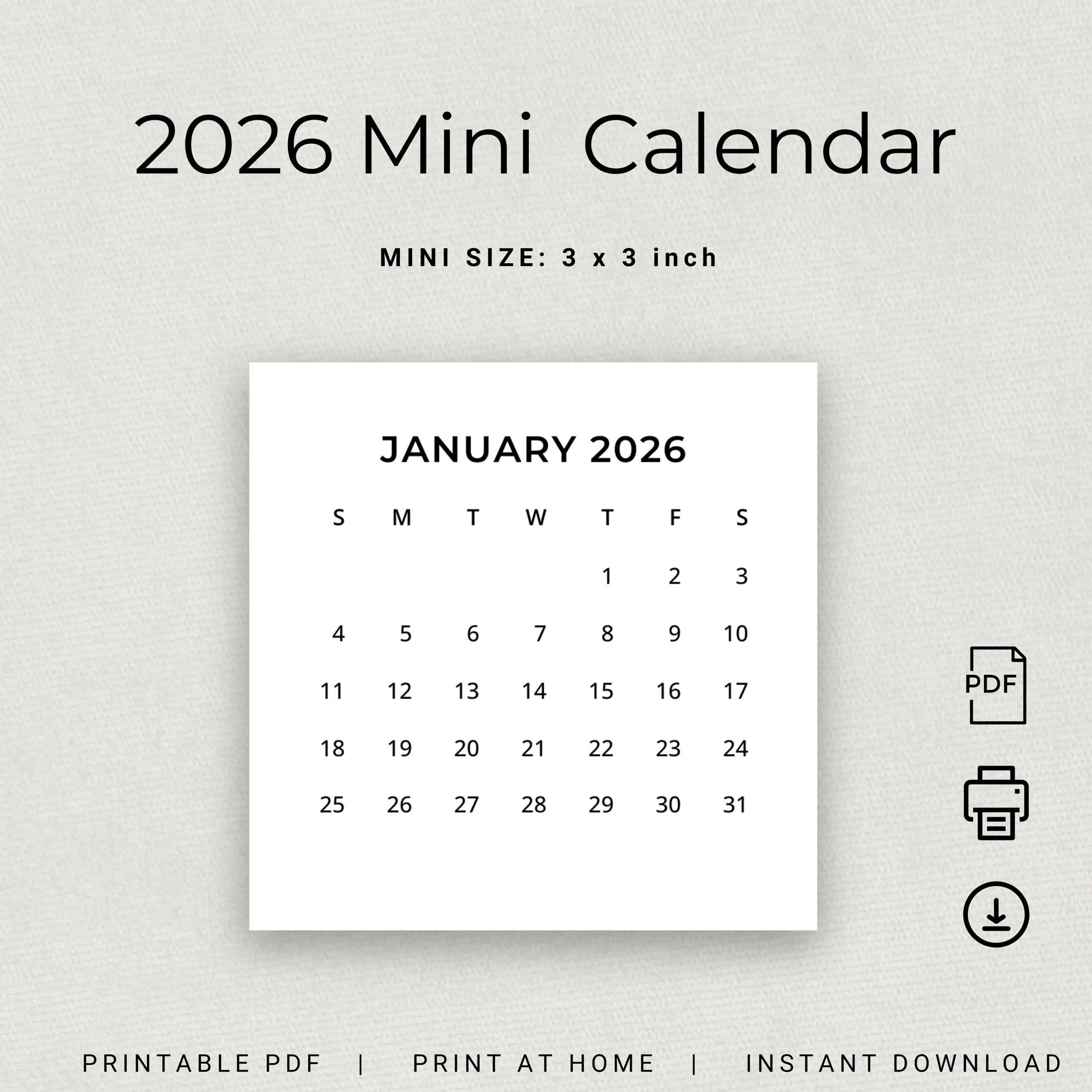 2026 Mini Calendar 2026 Small Calendar Printable 2026 Minimalist Calendar 3x3 Inch Square Calendar 2026 Pocket Calendar Desk Calendar DIY Etsy