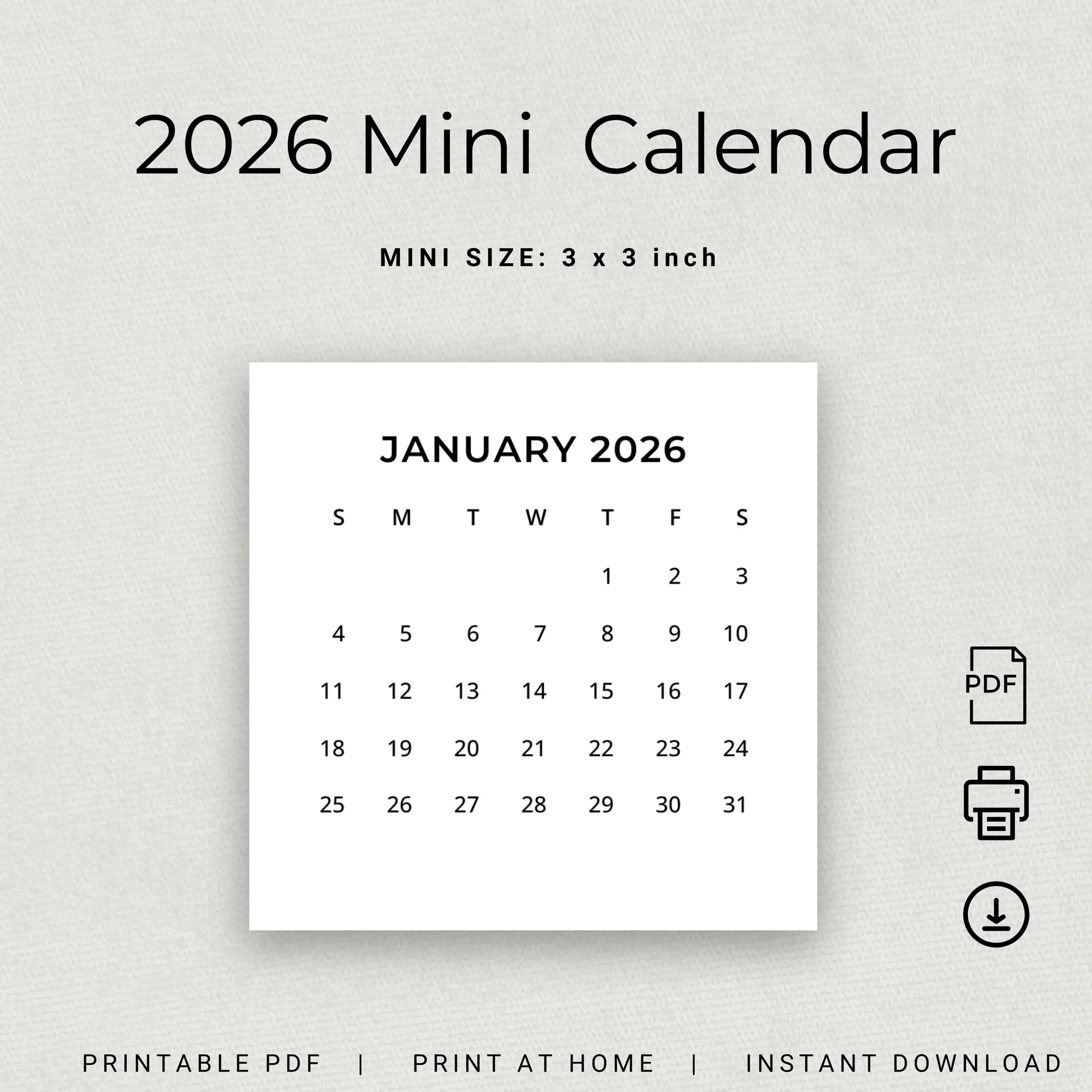 2026 Mini Calendar 2026 Small Calendar Printable 2026 Minimalist Calendar 3x3 Inch Square Calendar 2026 Pocket Calendar Desk Calendar DIY Etsy