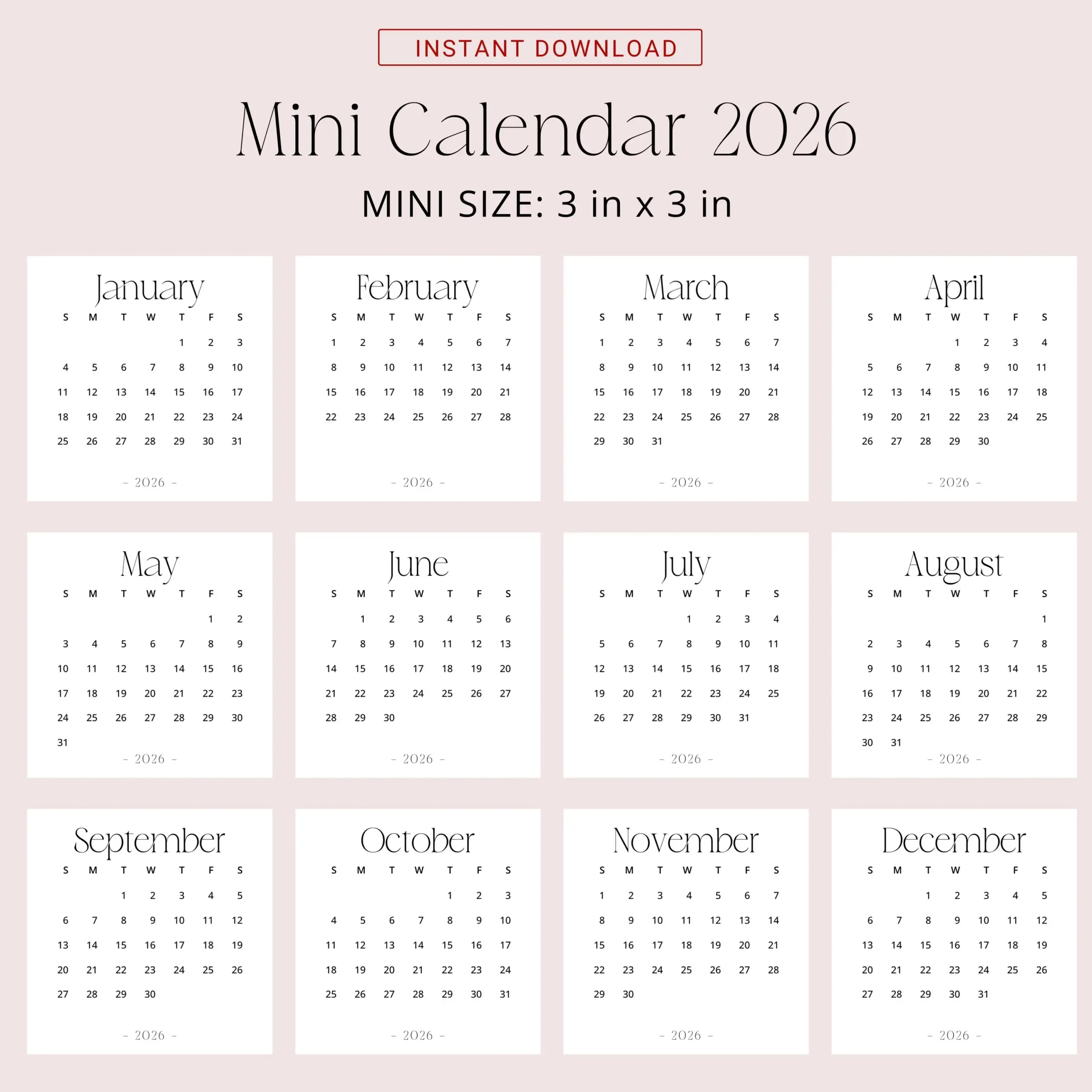 2026 Mini Calendar 3x3 2026 Calendar Small PRINTABLE PDF 2026 Calendar Square 3x3 Inch Stylish Mini Desk Calendar 2026 Sunday Monday Start Etsy Israel