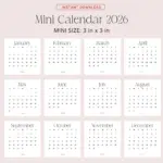 2026 Mini Calendar 3x3 2026 Calendar Small PRINTABLE PDF 2026 Calendar Square 3x3 Inch Stylish Mini Desk Calendar 2026 Sunday Monday Start Etsy Israel