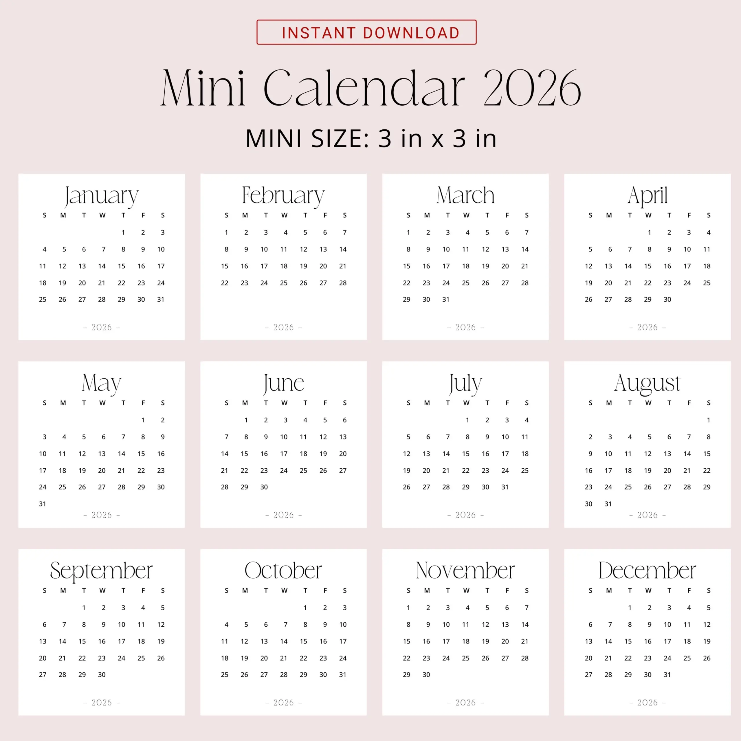 2026 Mini Calendar 3x3 2026 Calendar Small PRINTABLE PDF 2026 Calendar Square 3x3 Inch Stylish Mini Desk Calendar 2026 Sunday Monday Start Etsy Israel