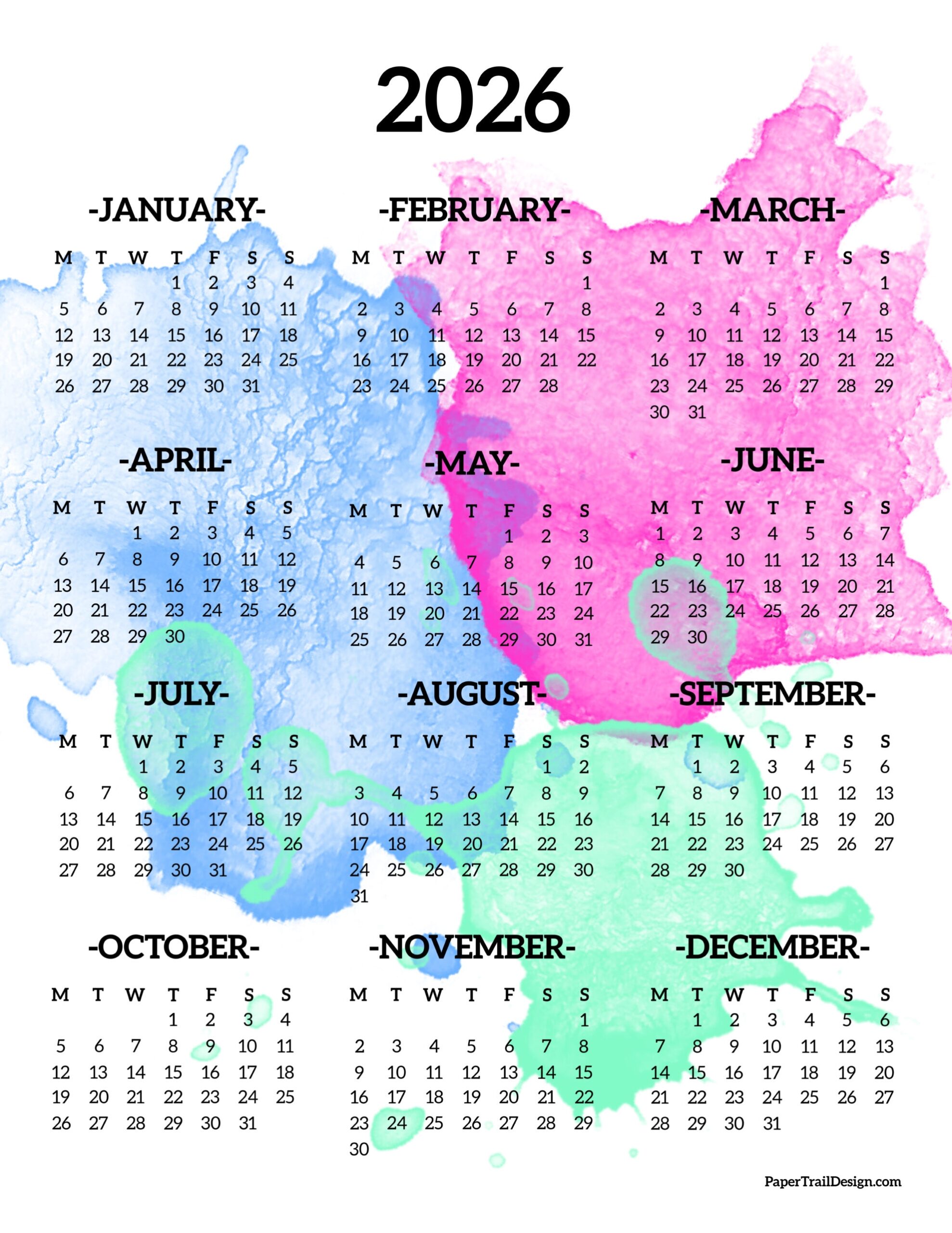 2026 Monday Start Calendar One Page Paper Trail Design