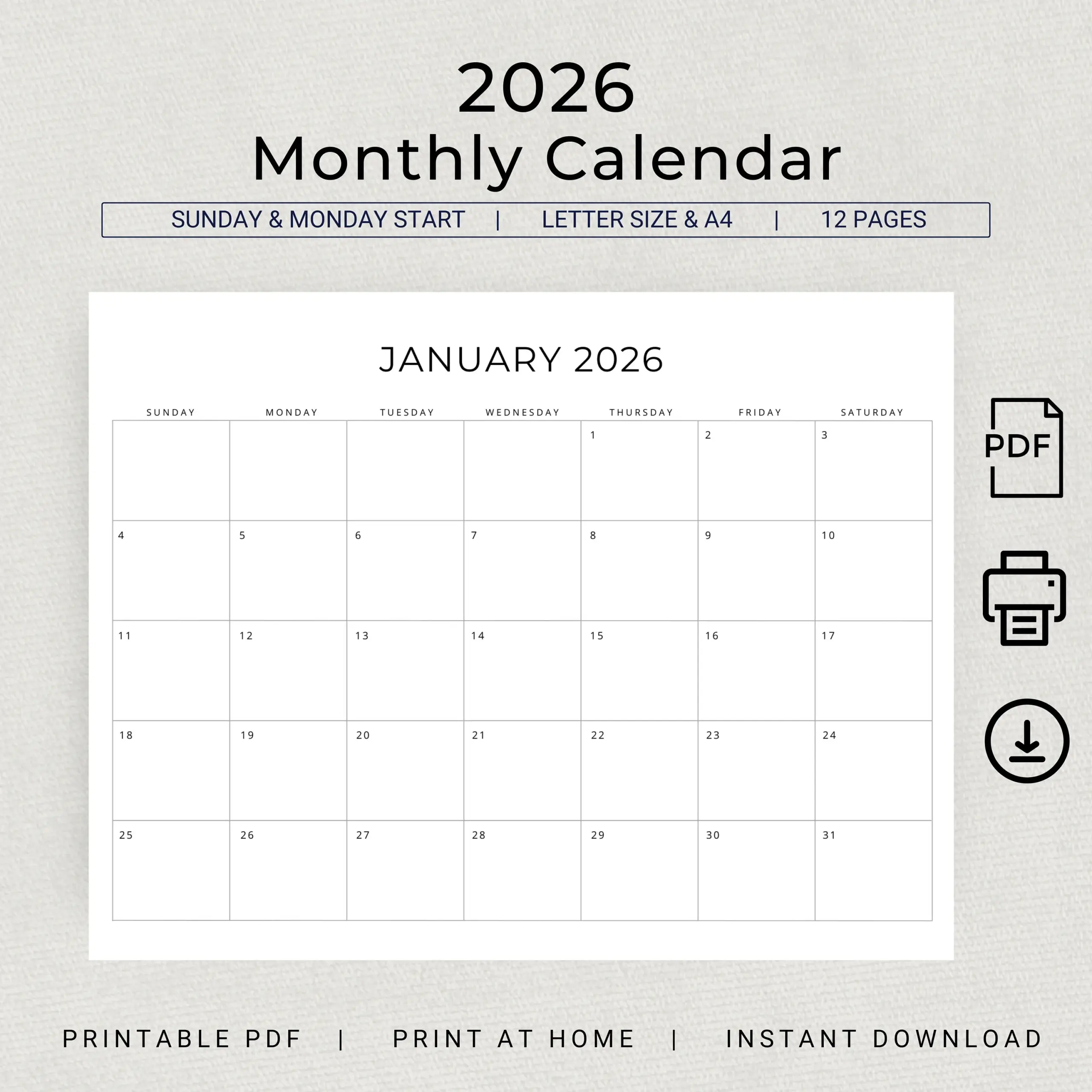 2026 Monthly Calendar Printable