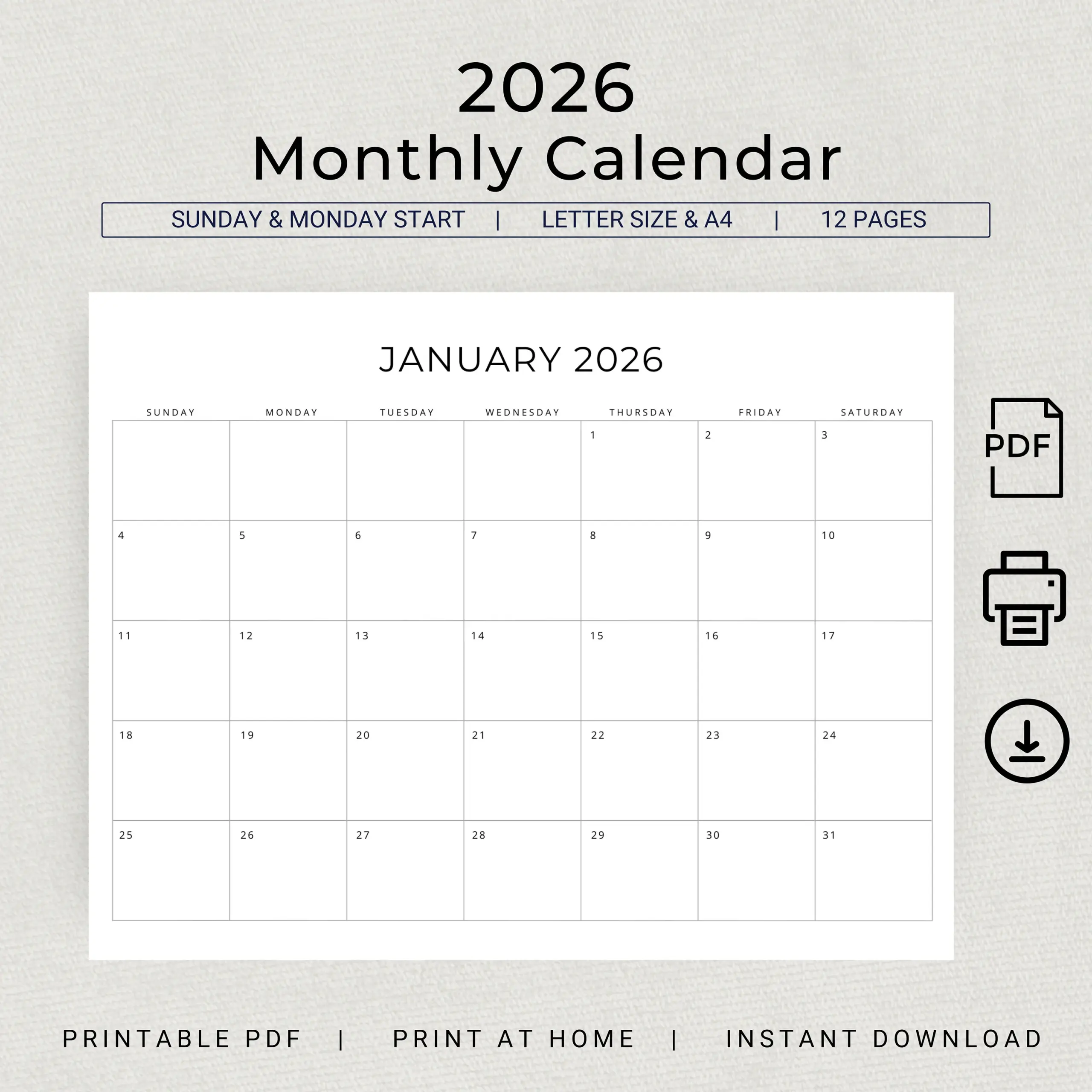 Printable 2026 Calendar Monthly