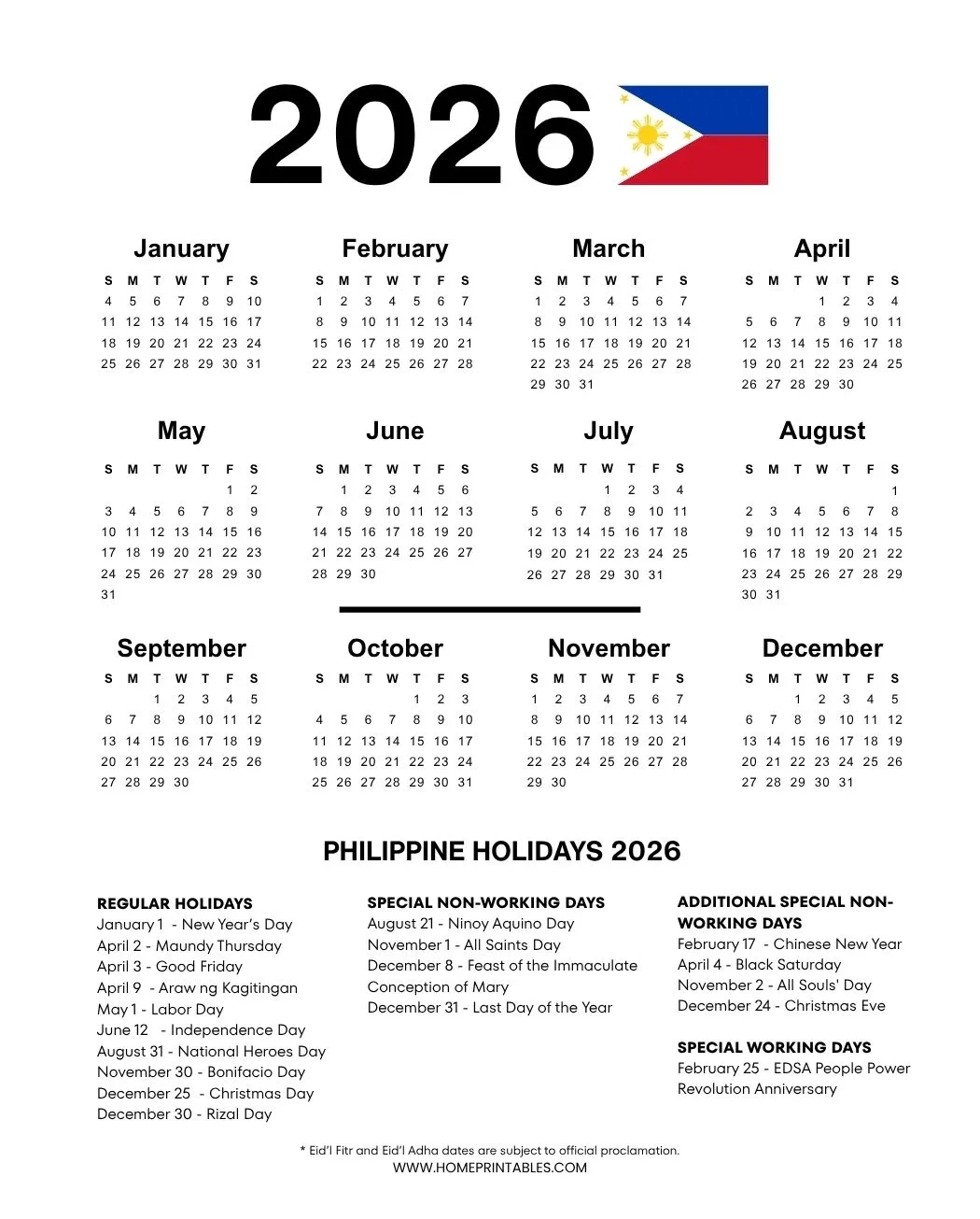 2026 Philippine Calendar With Holidays Free Printable PDF