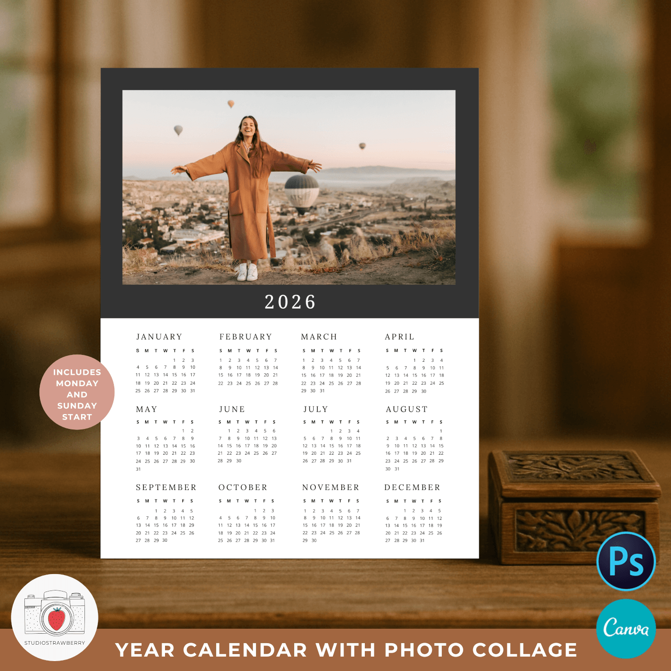 2026 Photo Calendar Template For Canva Photoshop Strawberry Kit