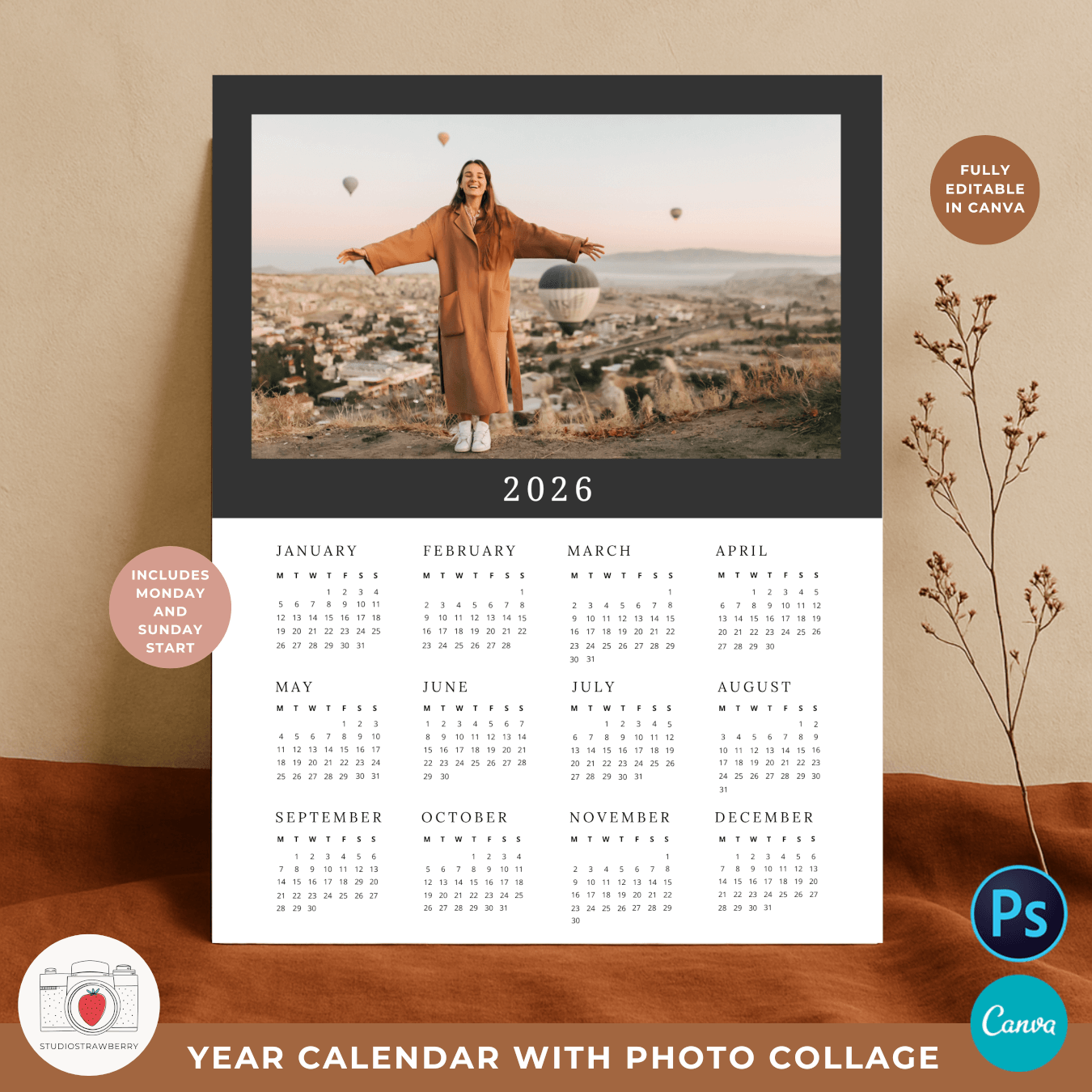 2026 Photo Calendar Template For Canva Photoshop Strawberry Kit