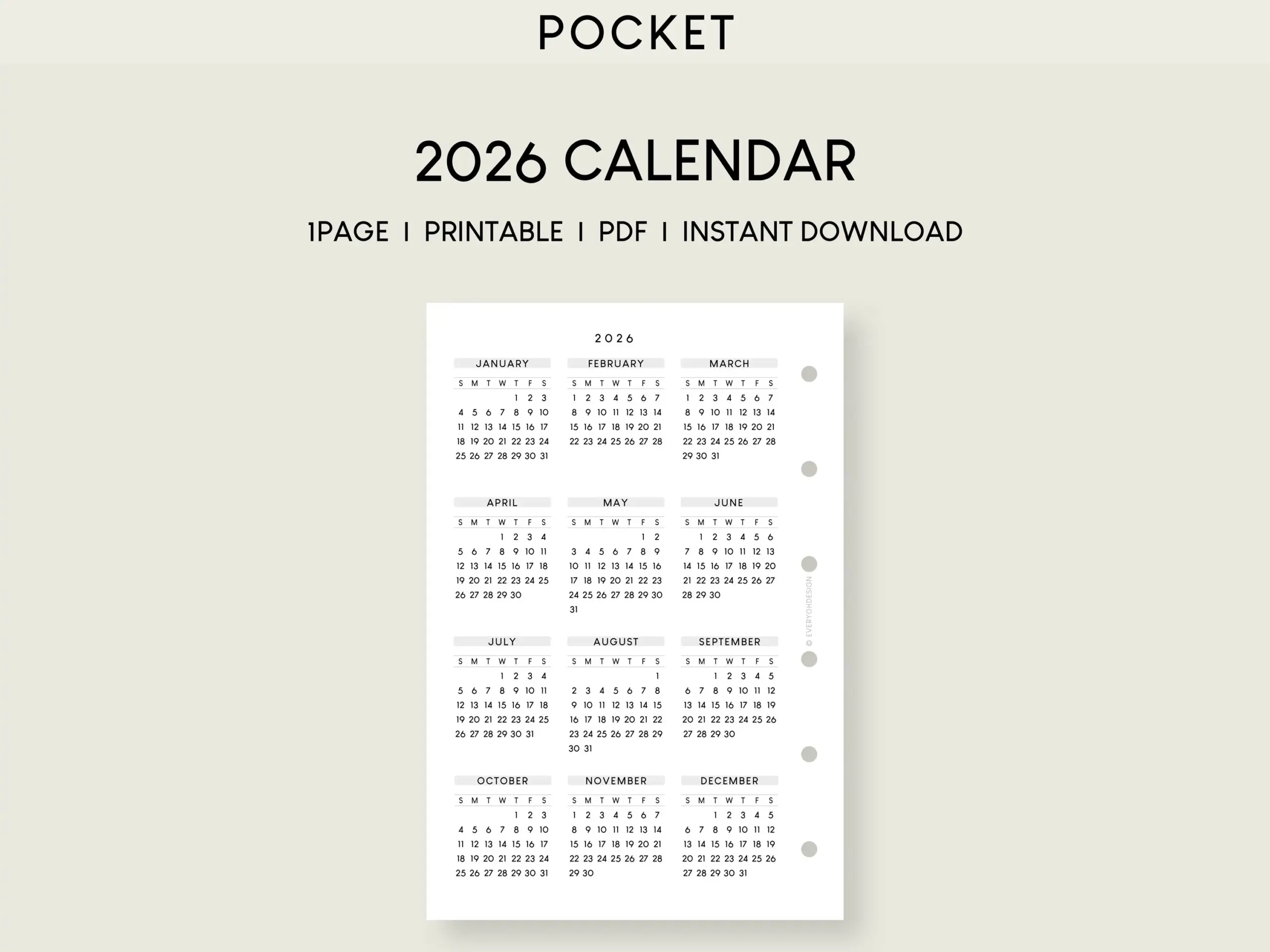 2026 Pocket Calendar Printable Insert Yearly Planner PDF Etsy