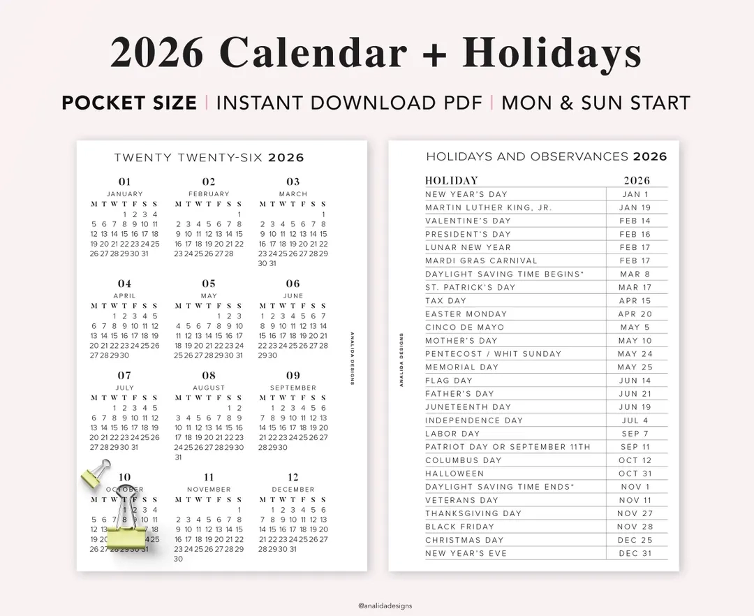 2026 Pocket Calendar With Holidays Year At A Glance PDF Printable Etsy