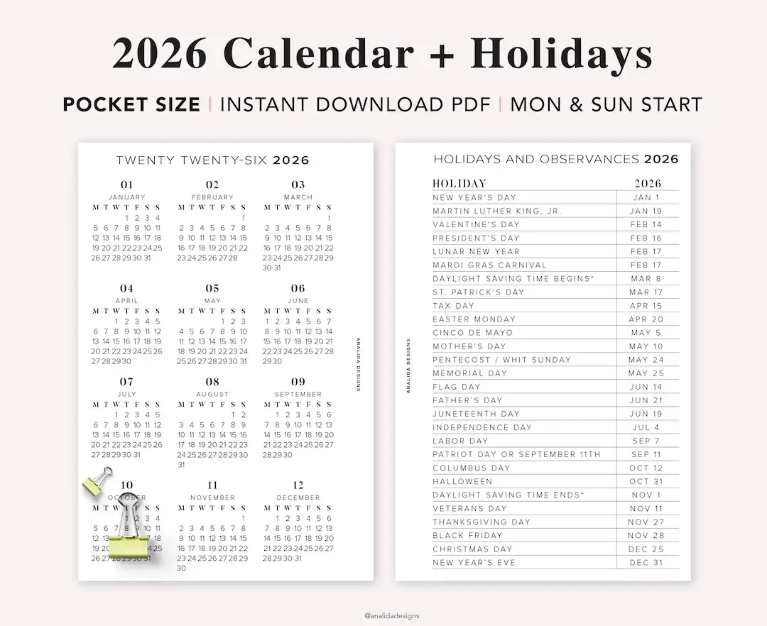 2026 Pocket Calendar With Holidays Year At A Glance PDF Printable Etsy