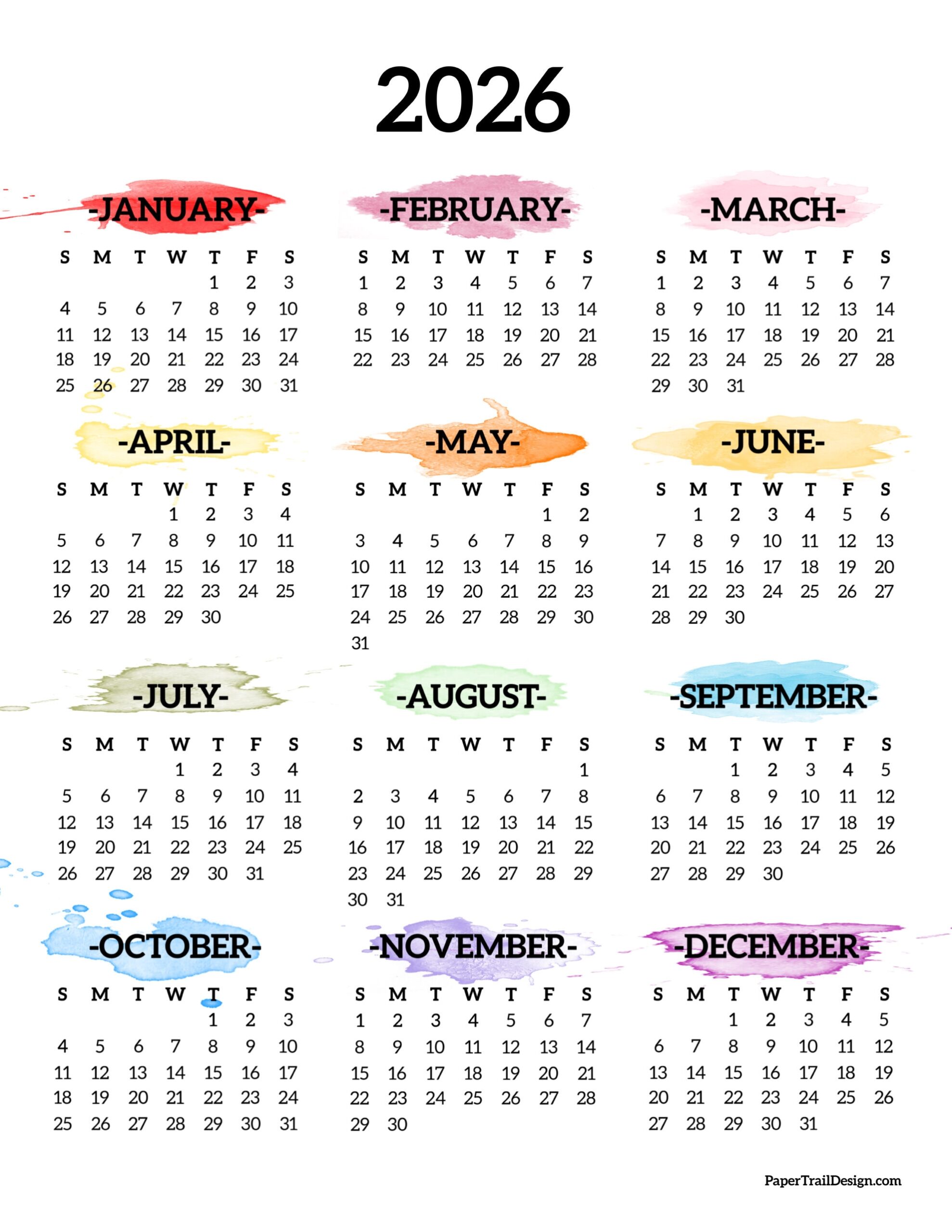 2026 Annual Printable Calendar