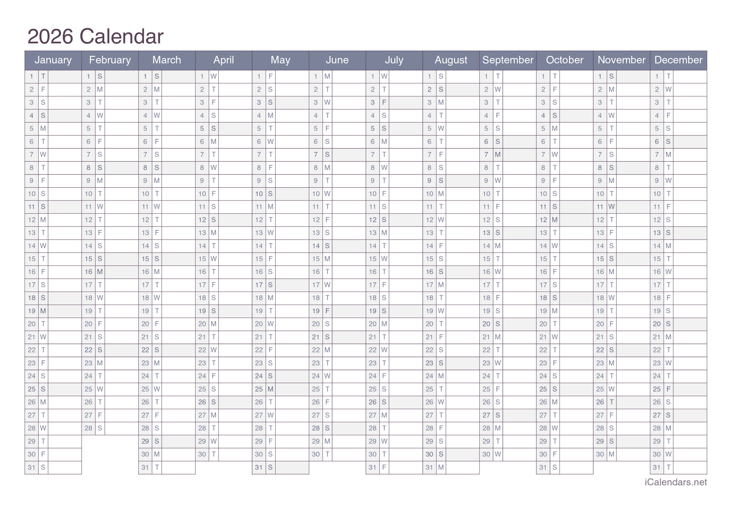One Page Yearly Calendar 2026 One Page Yearly Calendar 2026