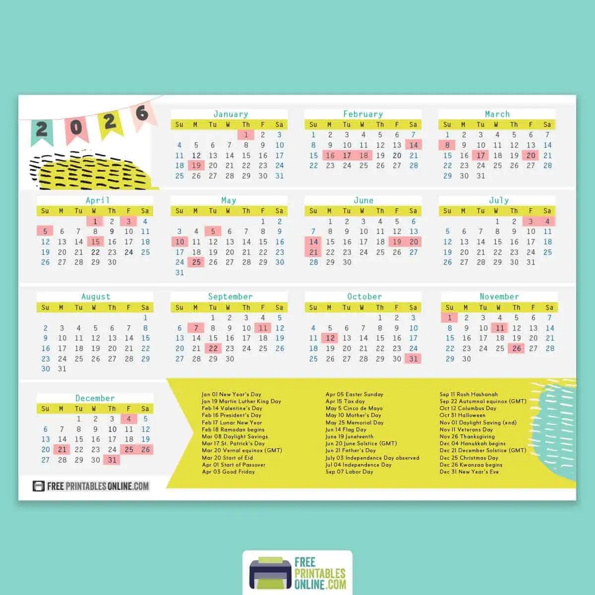 2026 Yearly Calendar With Holidays Printable Free