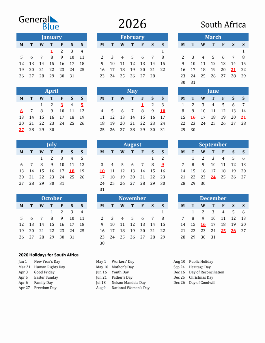 2026 Printable Calendar With South Africa Holidays Monday Start