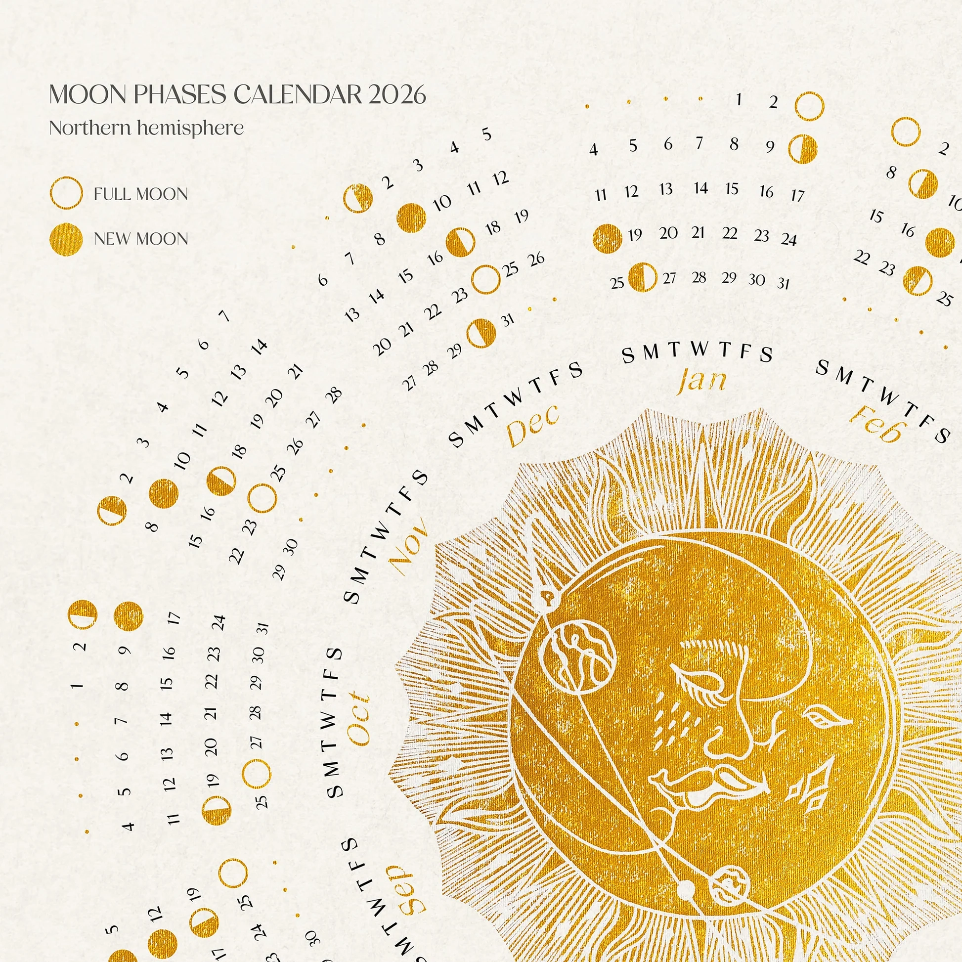 2026 Printable Lunar Yearly Calendar Poster Gold Kiss Of The Moon And Daashart
