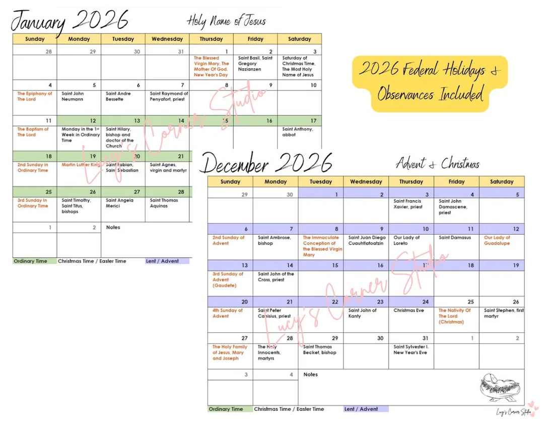 2026 Printable Monthly Catholic Calendar Liturgical Catholic Calendar CCD Religious Education Youth Ministry PDF File 8 5 X 11 Etsy New Zealand