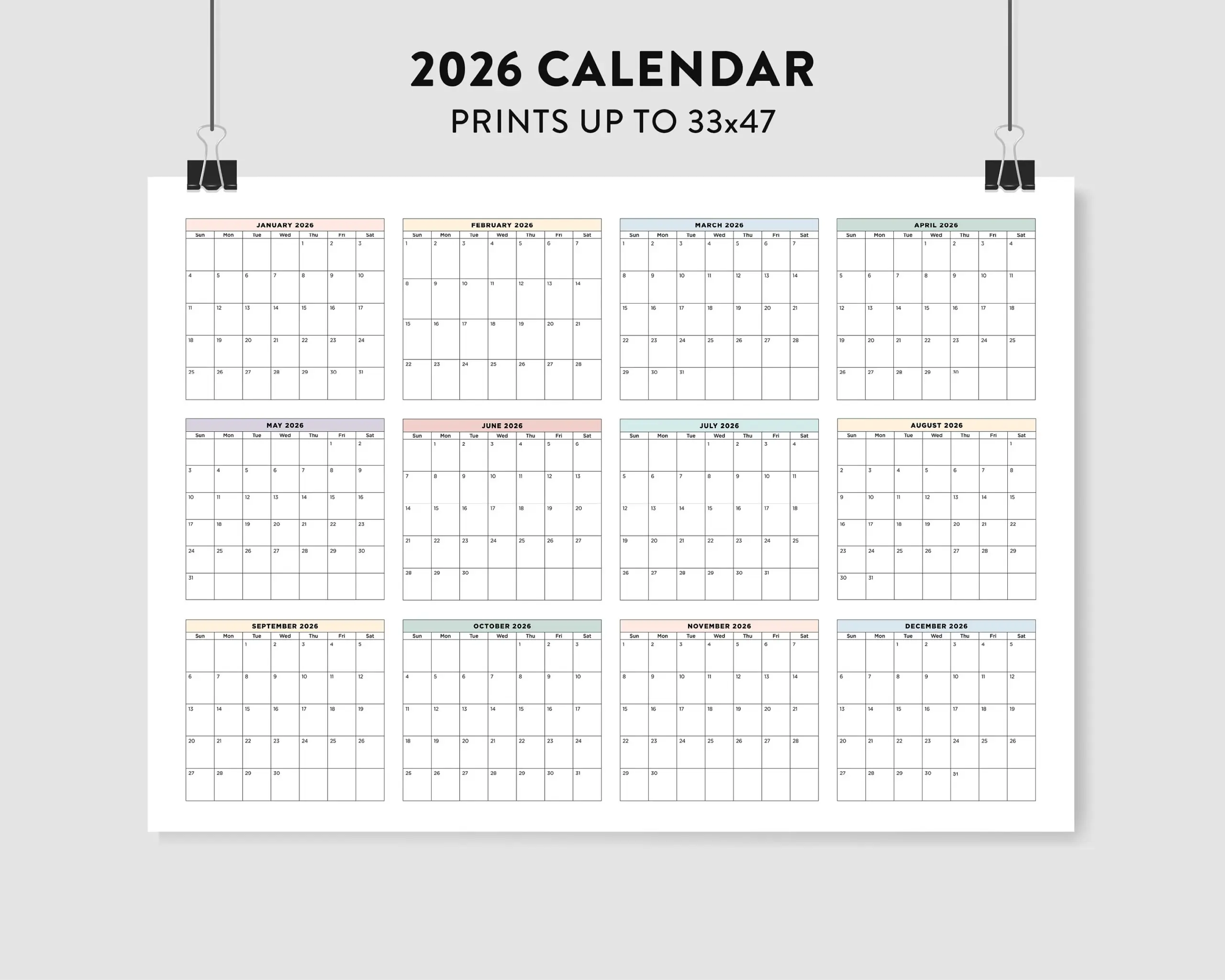 2026 Printable Year At A Glance Calendar Oversized Wall Print 12 month One page Planner Pastel Colors Etsy