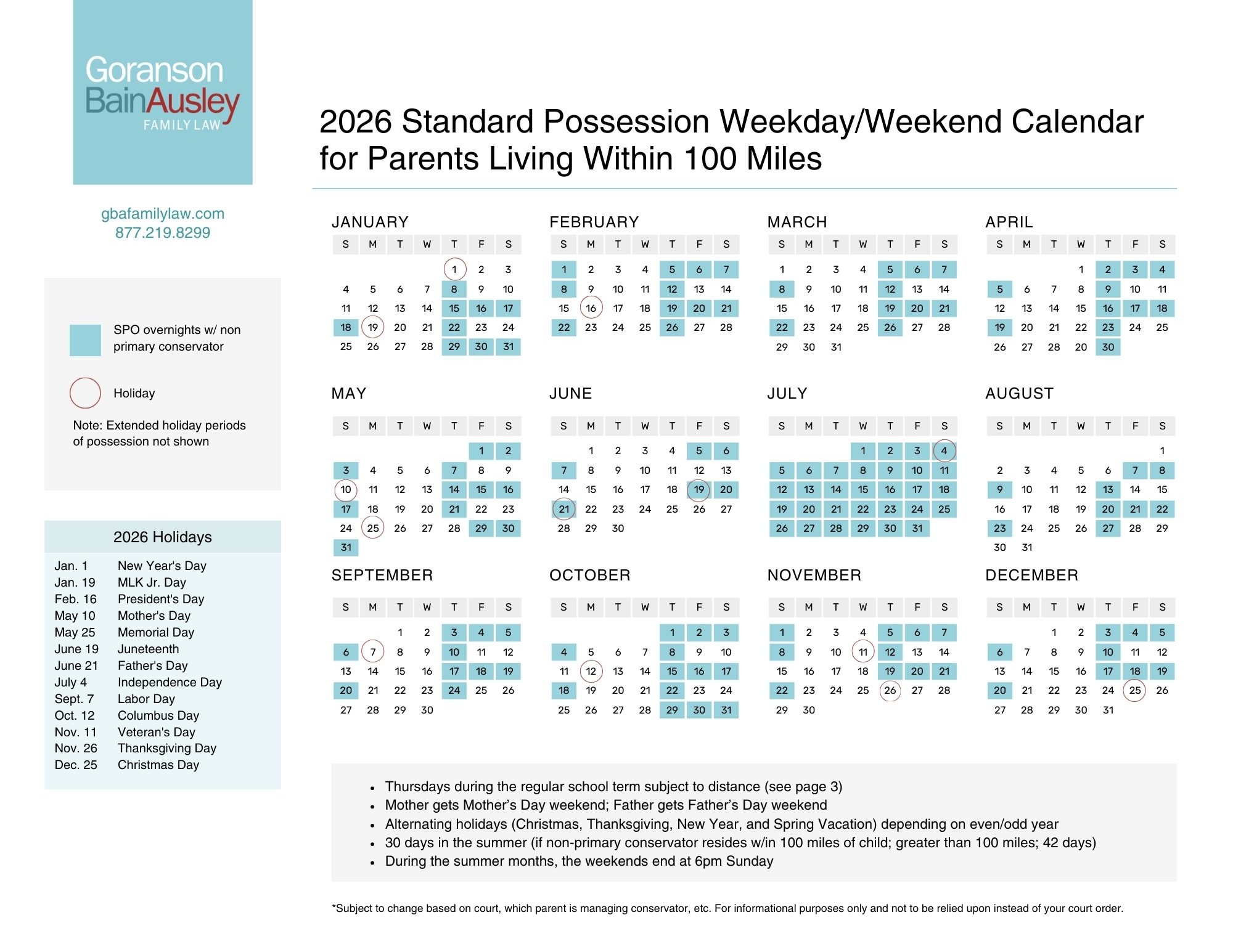 2026 Texas Standard Possession Calendar Child Custody Guide