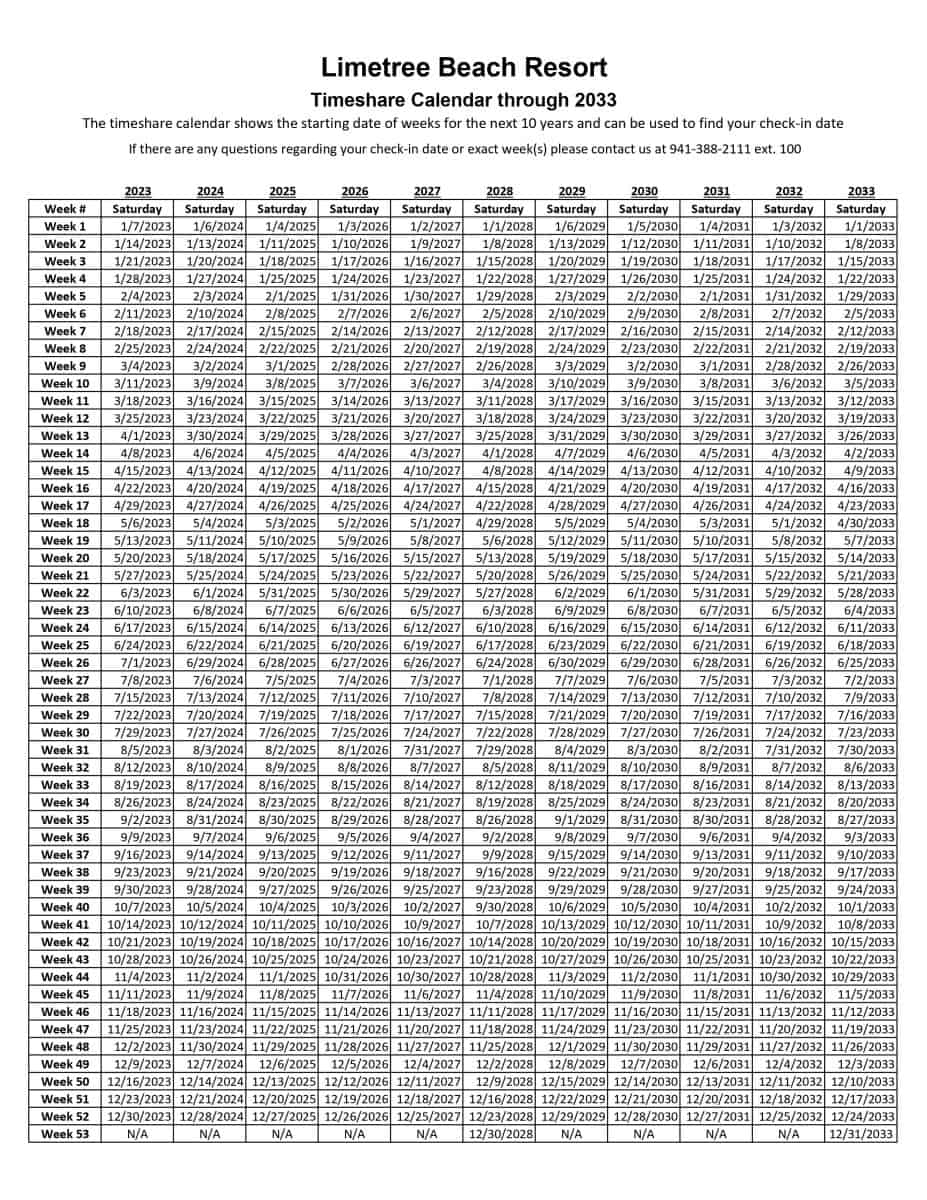 2026 Timeshare Calendar Printable