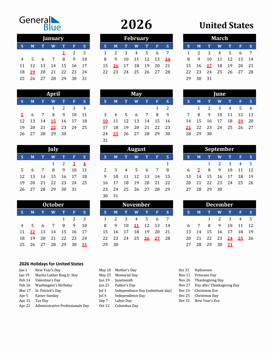2026 United States Holiday Calendar