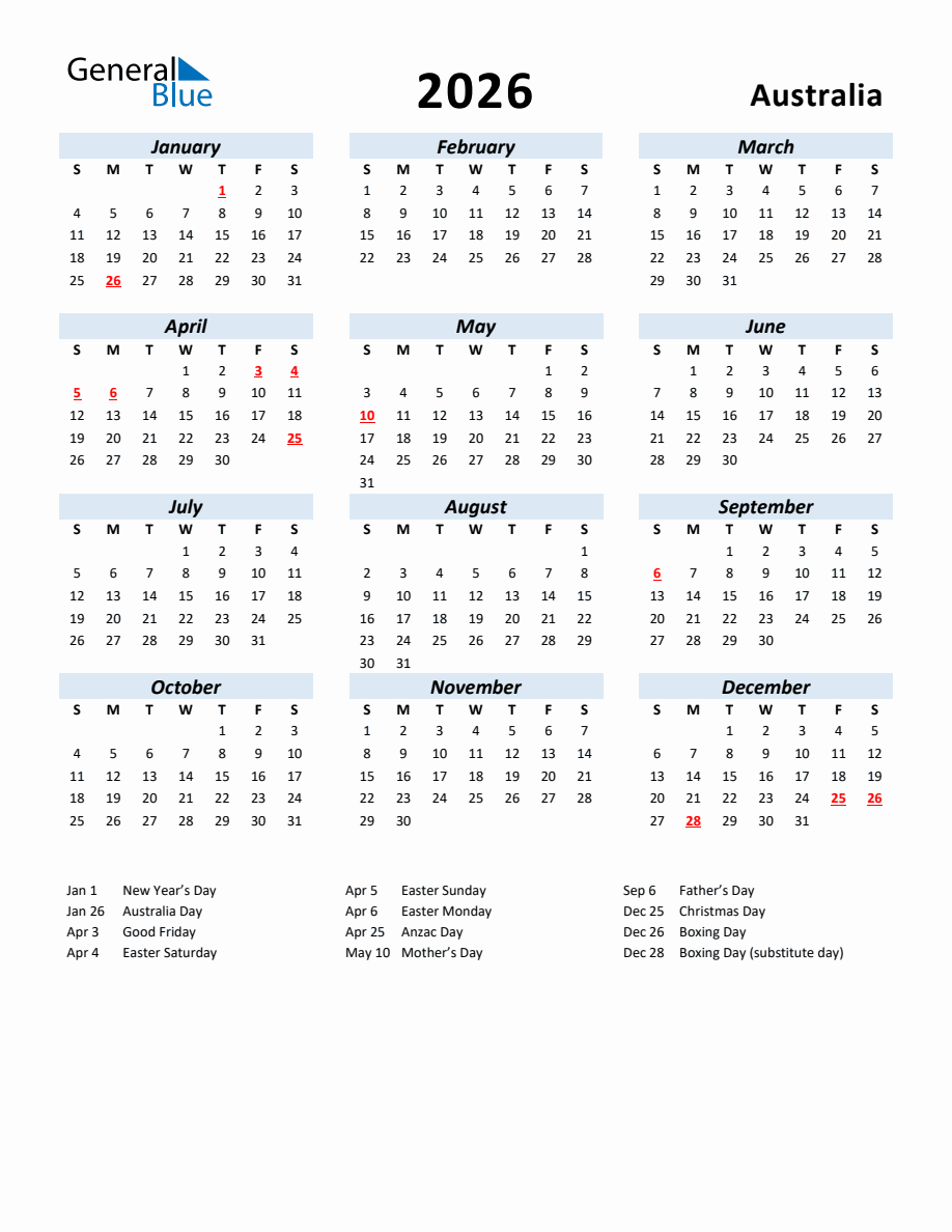 2026 Yearly Calendar For Australia With Holidays